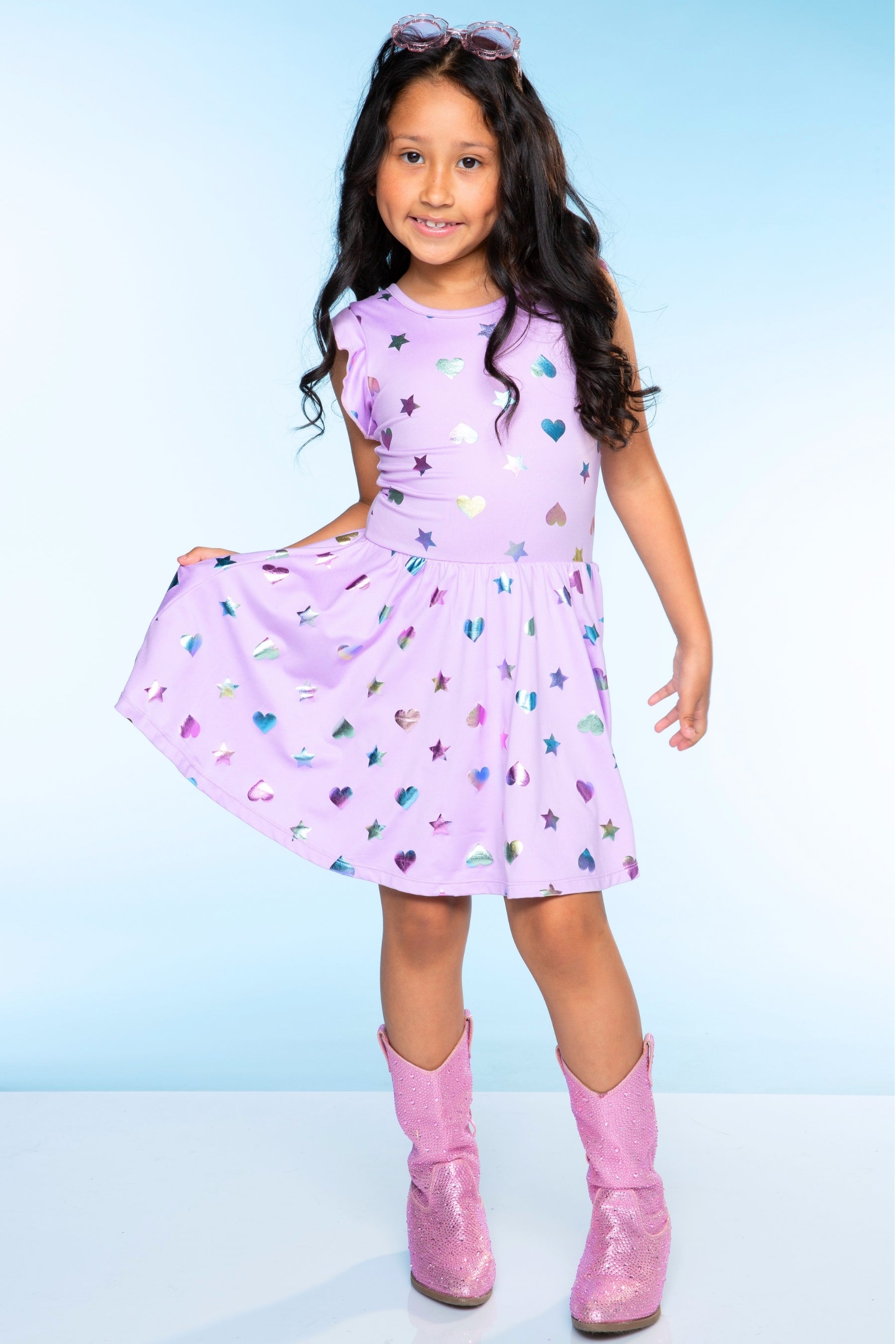 Simply Soft Flutter Sleeve Be Happy Dress - Lilac Rainbow Foil Hearts & Stars
