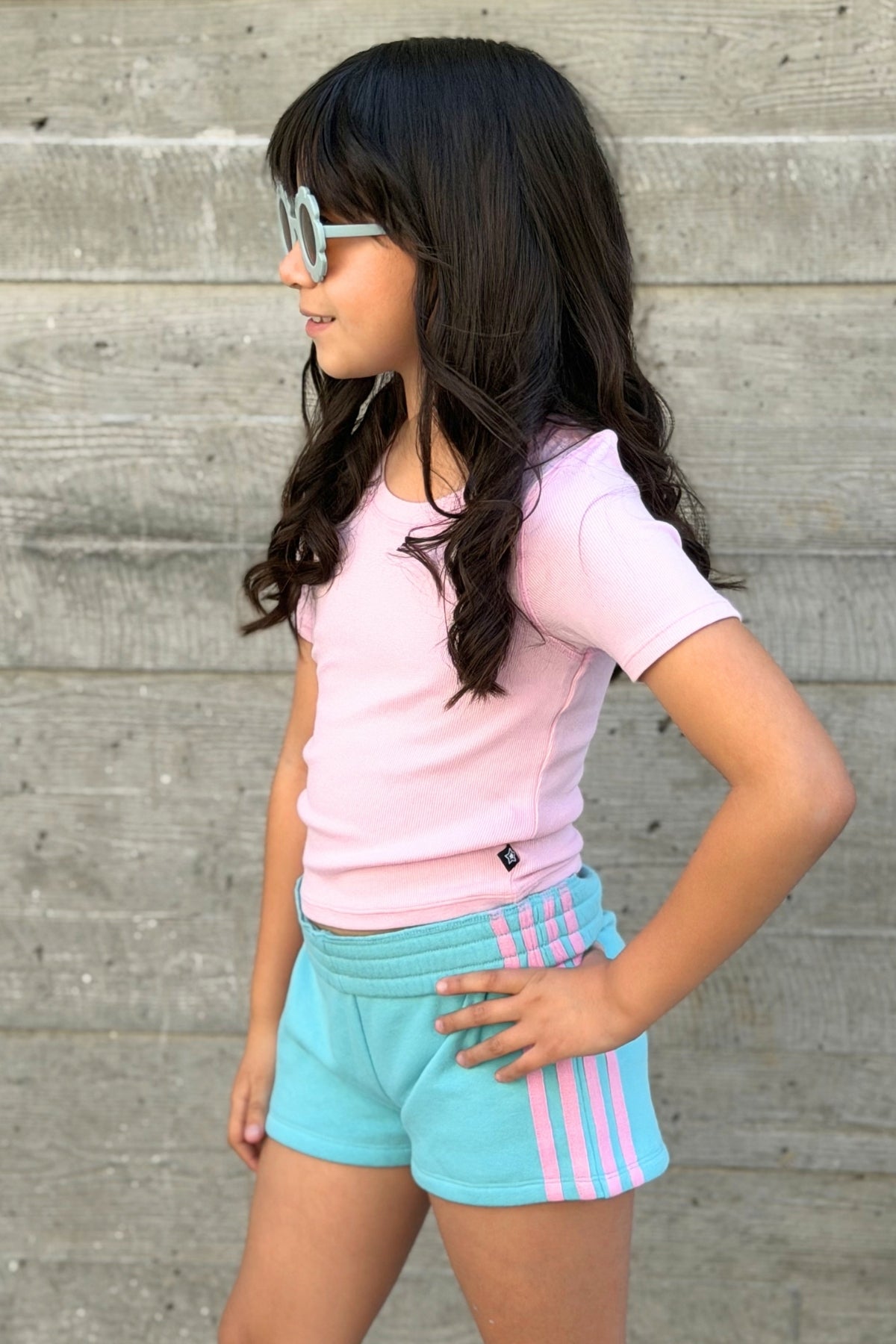 French Terry Smocked Striped Short - Pink Denim