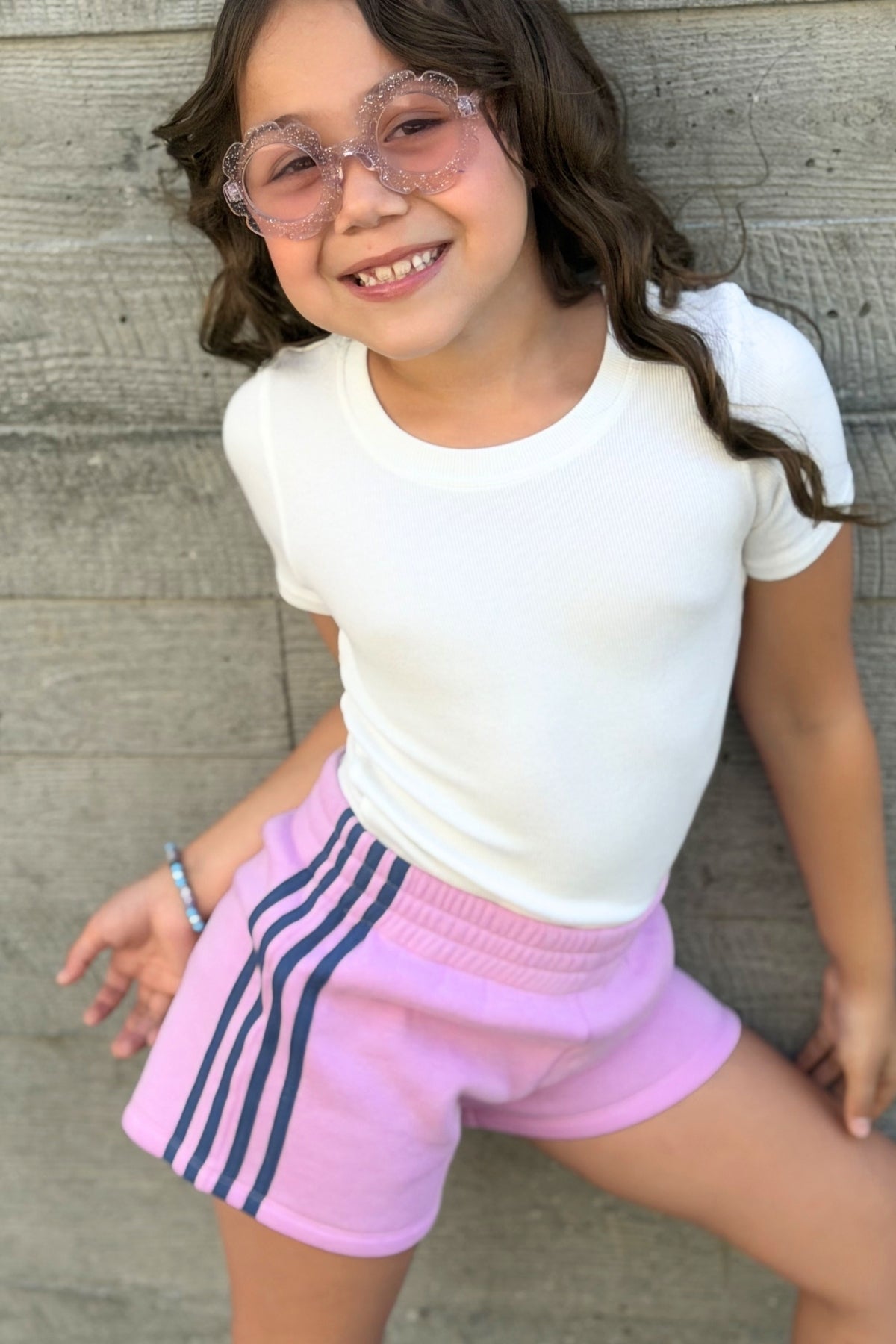 French Terry Smocked Striped Short - Pink Denim