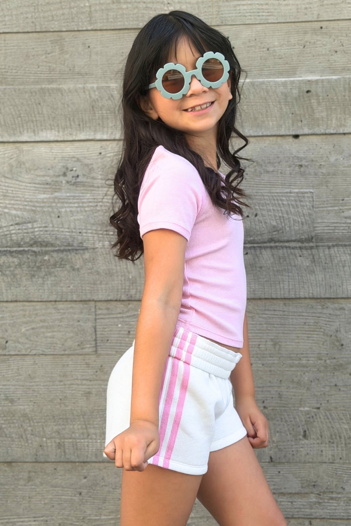 French Terry Smocked Striped Short - Pink Denim