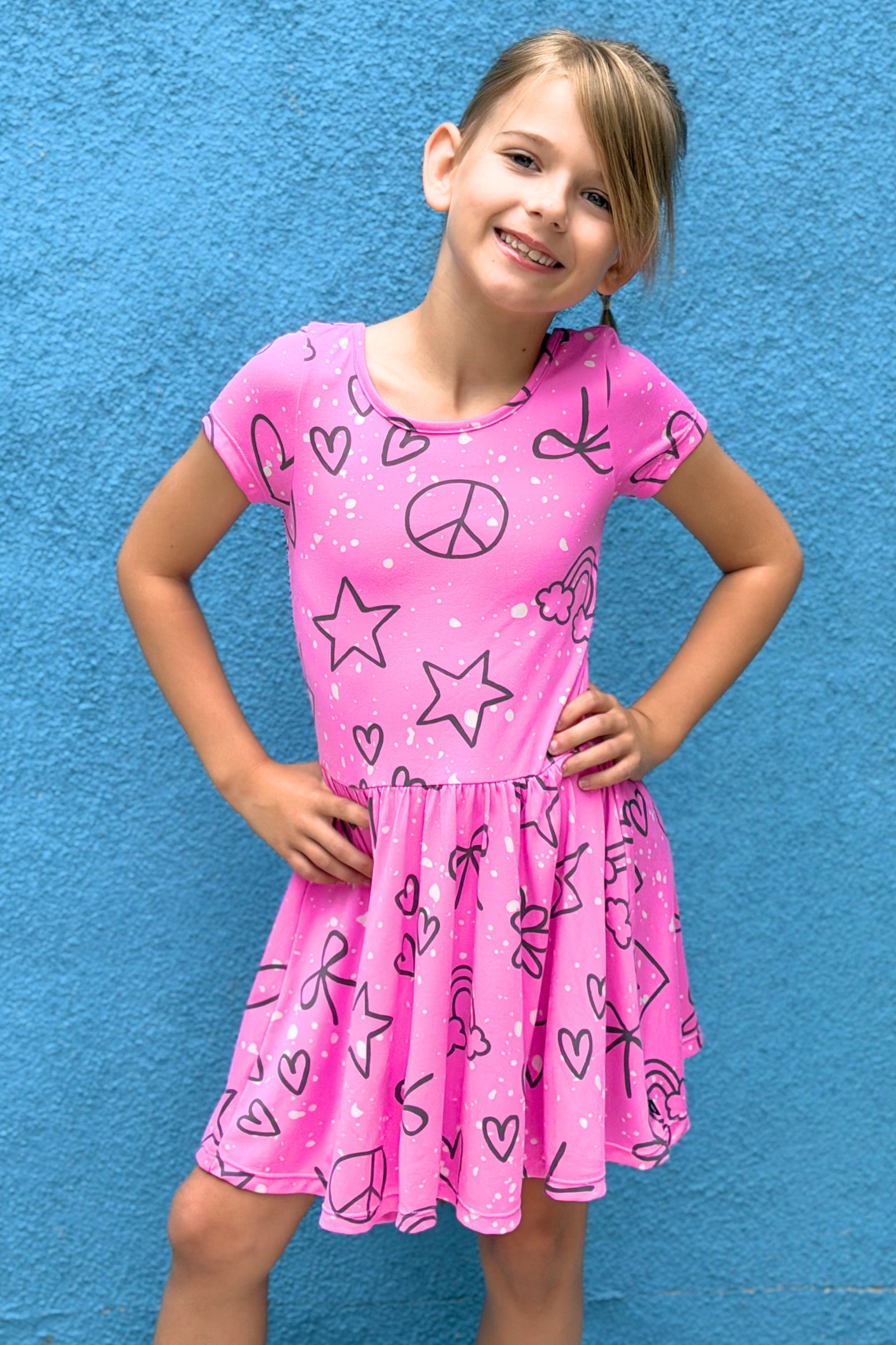 Simply Soft Short Sleeve Scoop Back Be Happy Dress - Neon Pink Sketch Emoji - NEW!