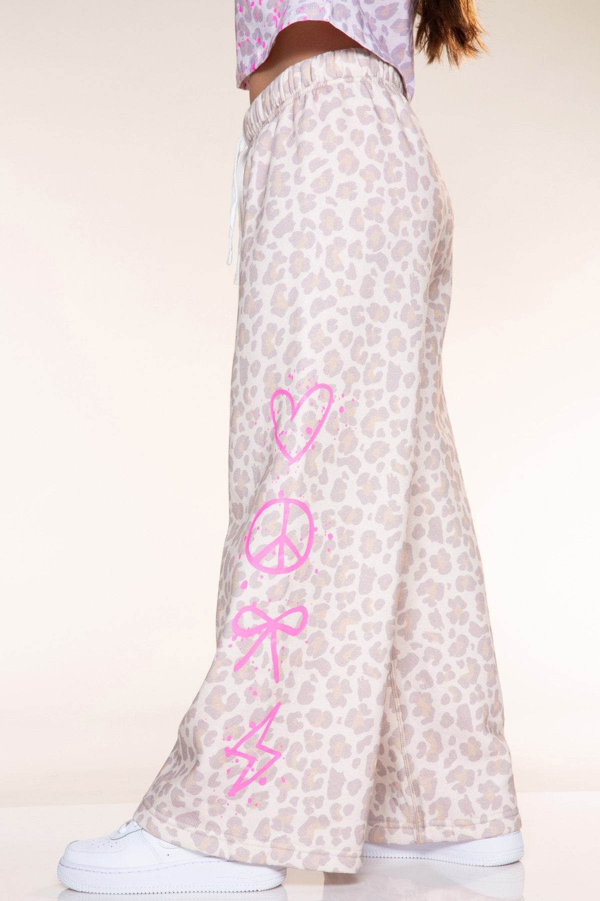 Cloud Soft French Terry Wide Leg Pant - Taupe Leopard Pink Sketch Emoji - NEW!