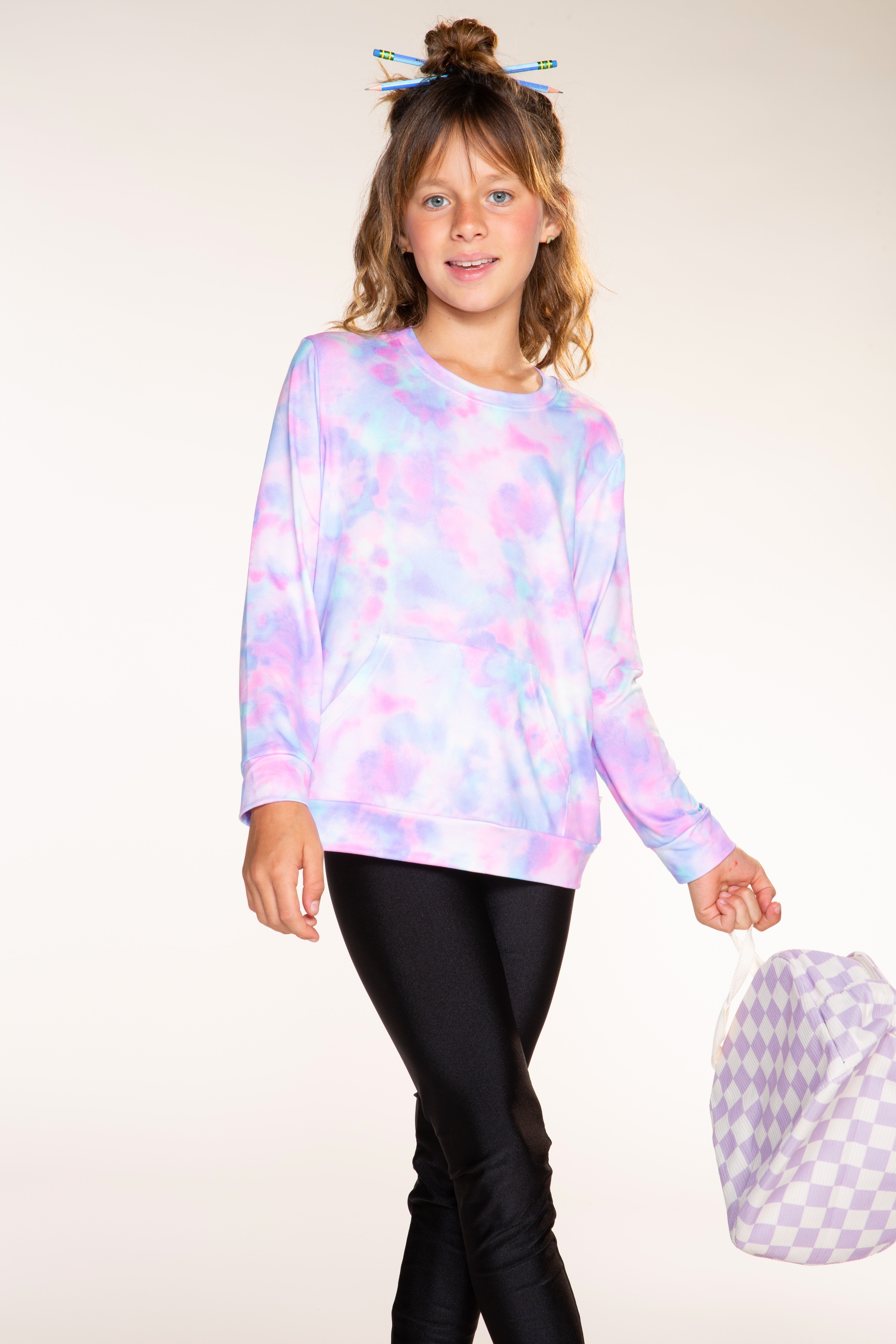 Simply Soft Kanga Pocket Crew Top - Lilac Chambray Tie Dye - NEW!