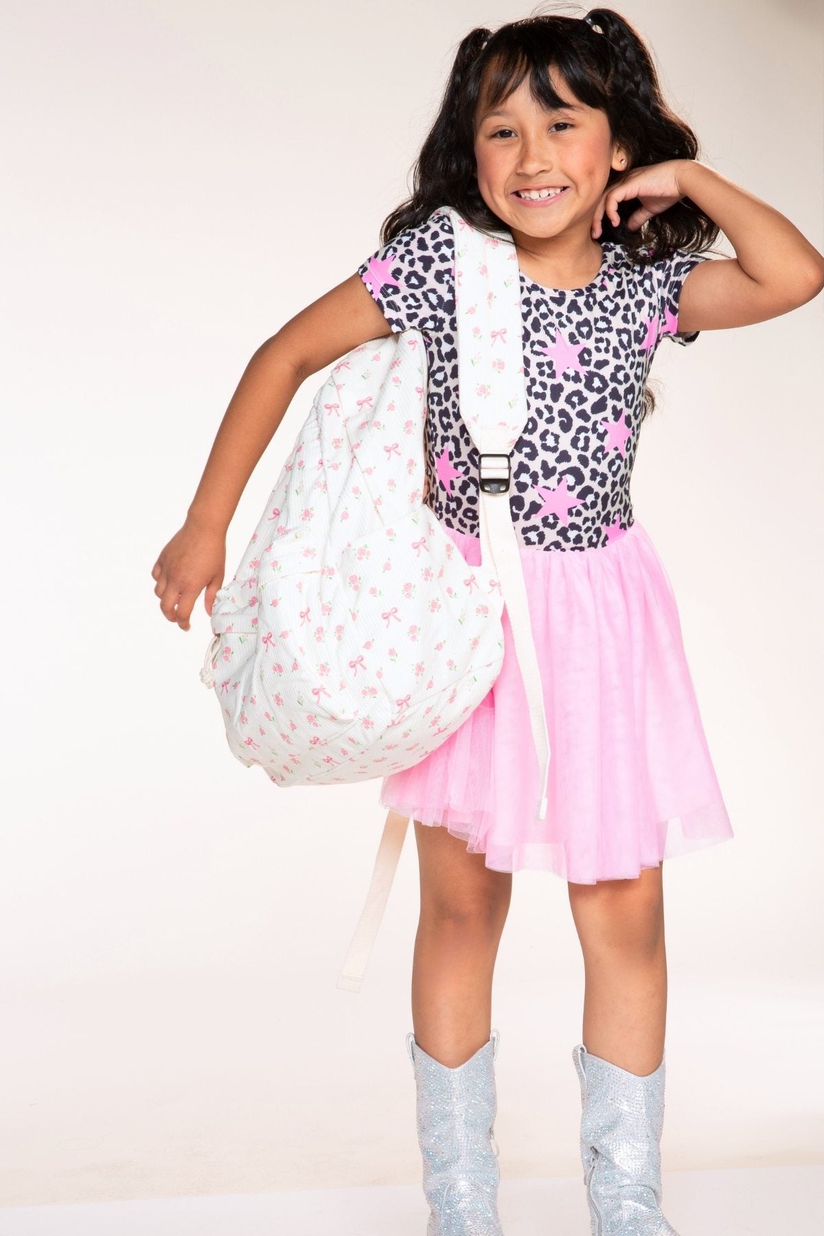 Simply Soft Short Sleeve Be Happy Tulle Dress - Taupe Pink Leopard Star - NEW!