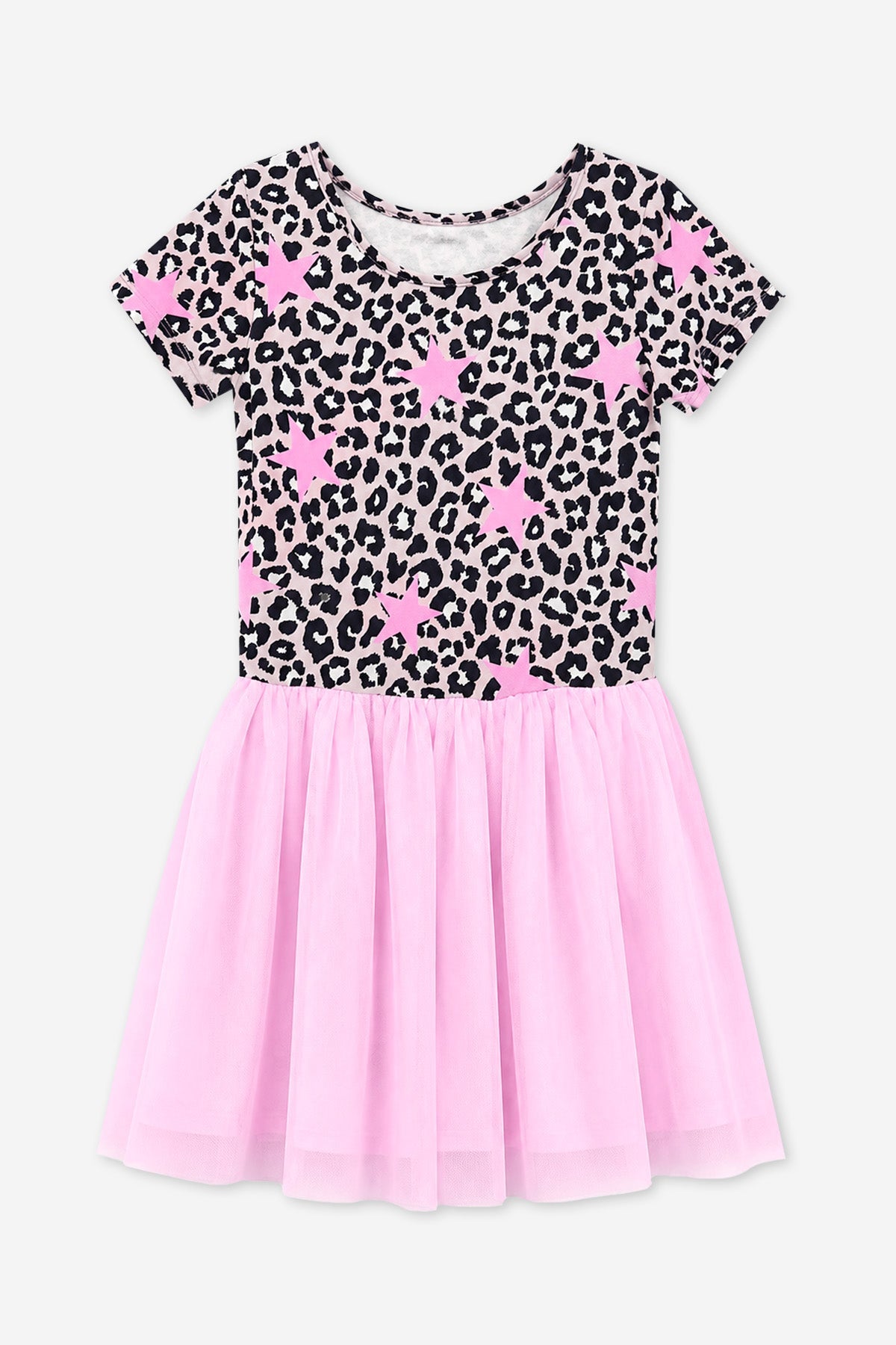 Simply Soft Short Sleeve Be Happy Tulle Dress - Taupe Pink Leopard Star - NEW!