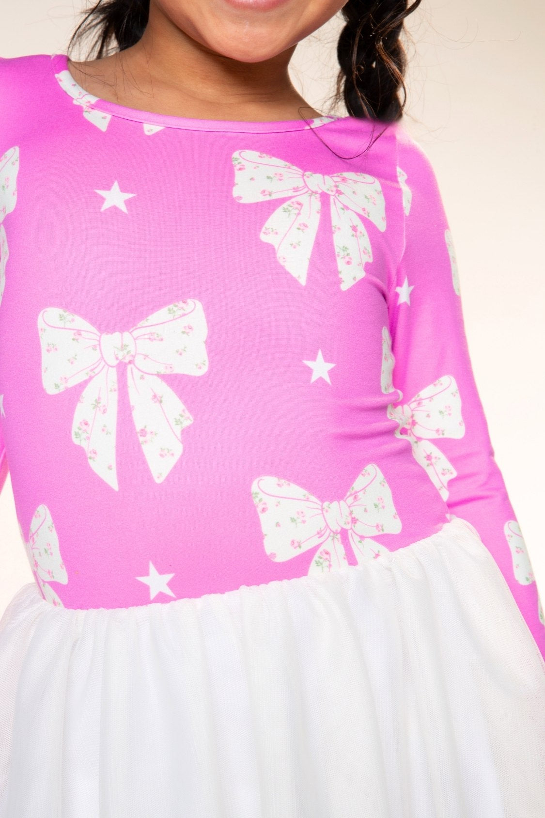 Simply Soft Long Sleeve Scoop Back Tulle Be Happy Dress - Ivory Ditsy Pink Floral - NEW!