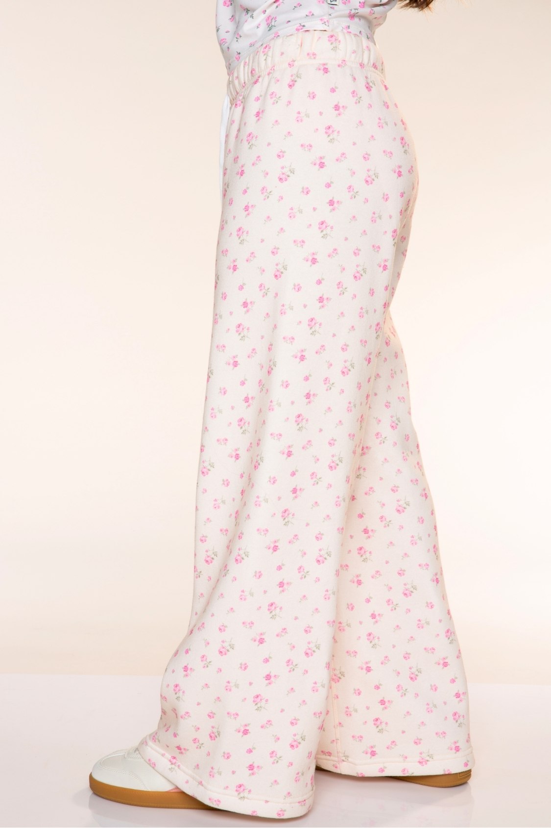 Cloud Soft French Terry Wide Leg Pant - Ivory Ditsy Pink Floral - NEW!