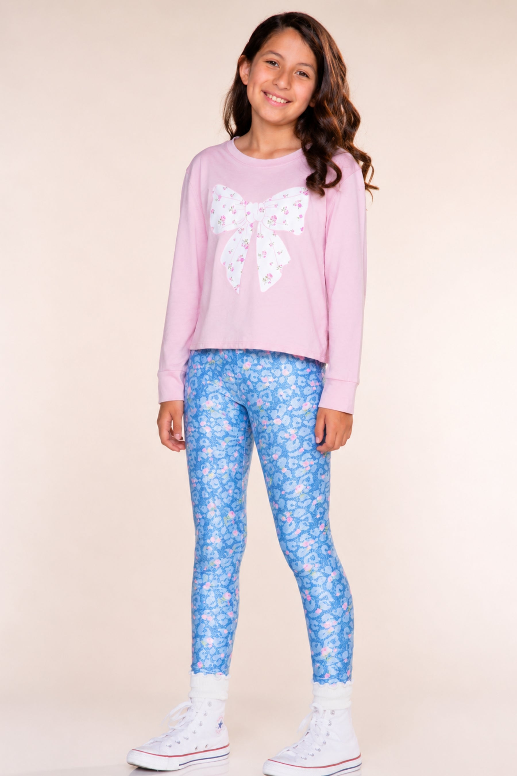 Washed Cotton Long Sleeve Easy Tee - Mauve Ivory Floral Bow - NEW!