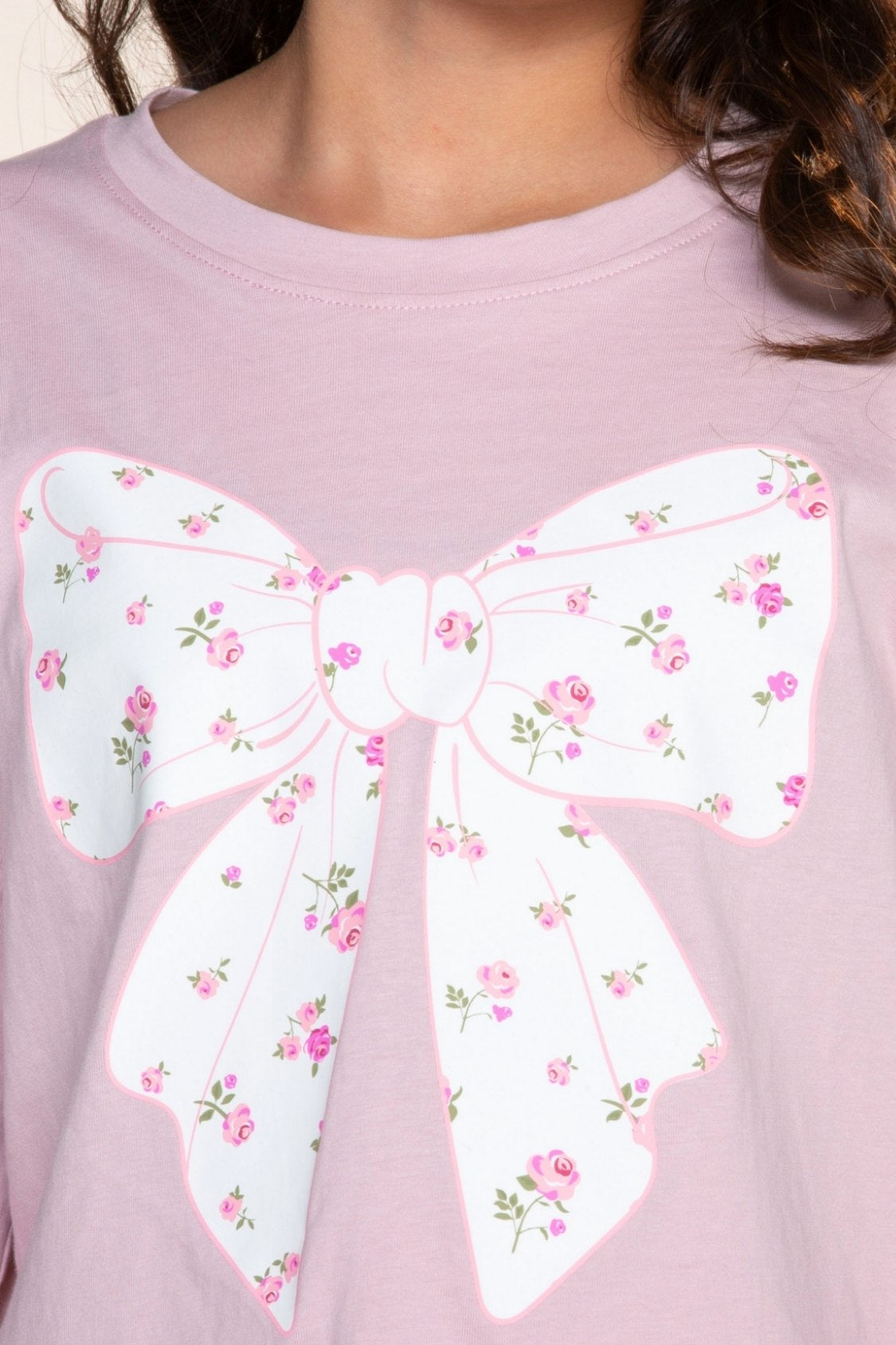 Washed Cotton Long Sleeve Easy Tee - Mauve Ivory Floral Bow - NEW!
