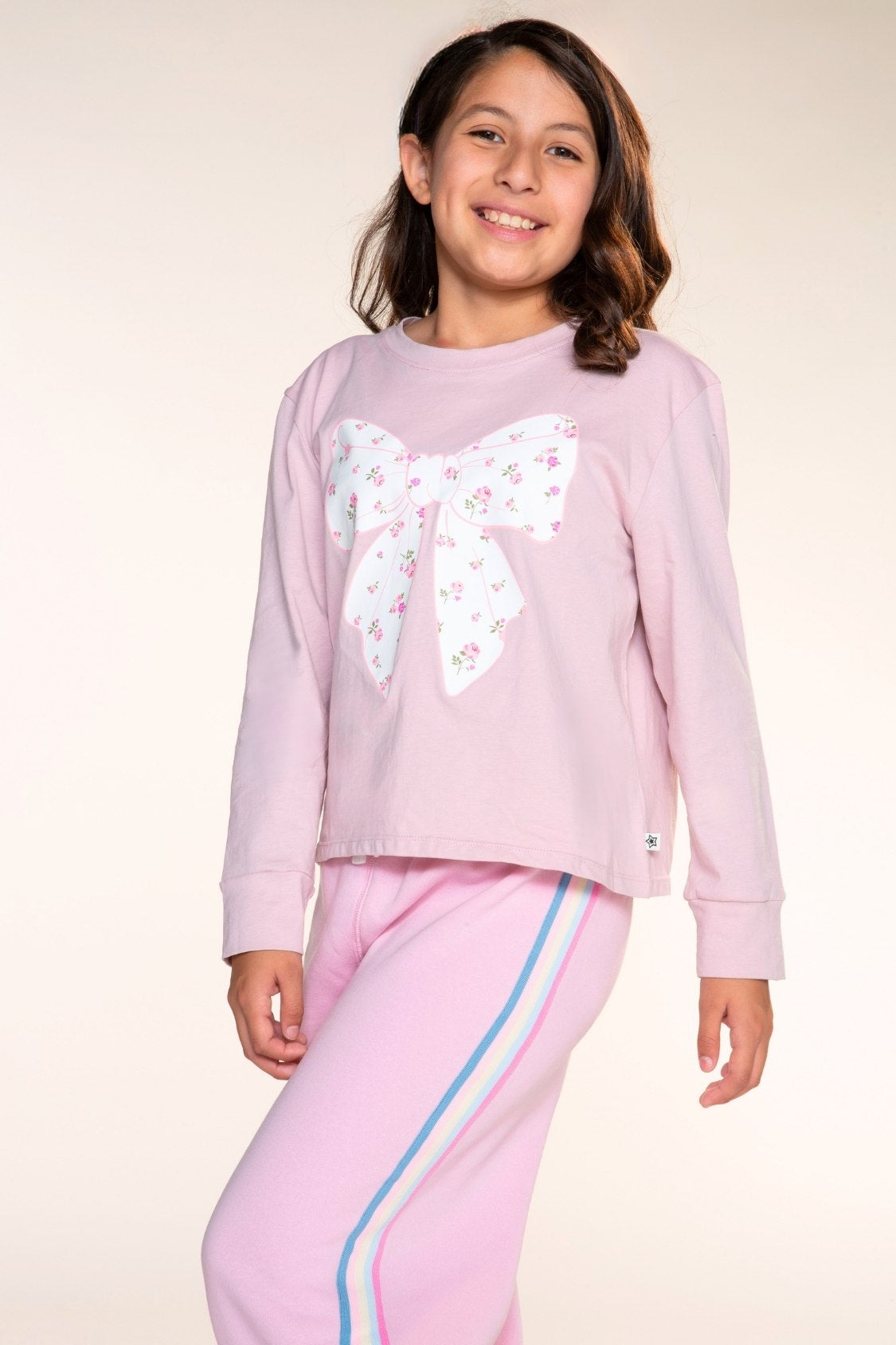 Washed Cotton Long Sleeve Easy Tee - Mauve Ivory Floral Bow - NEW!