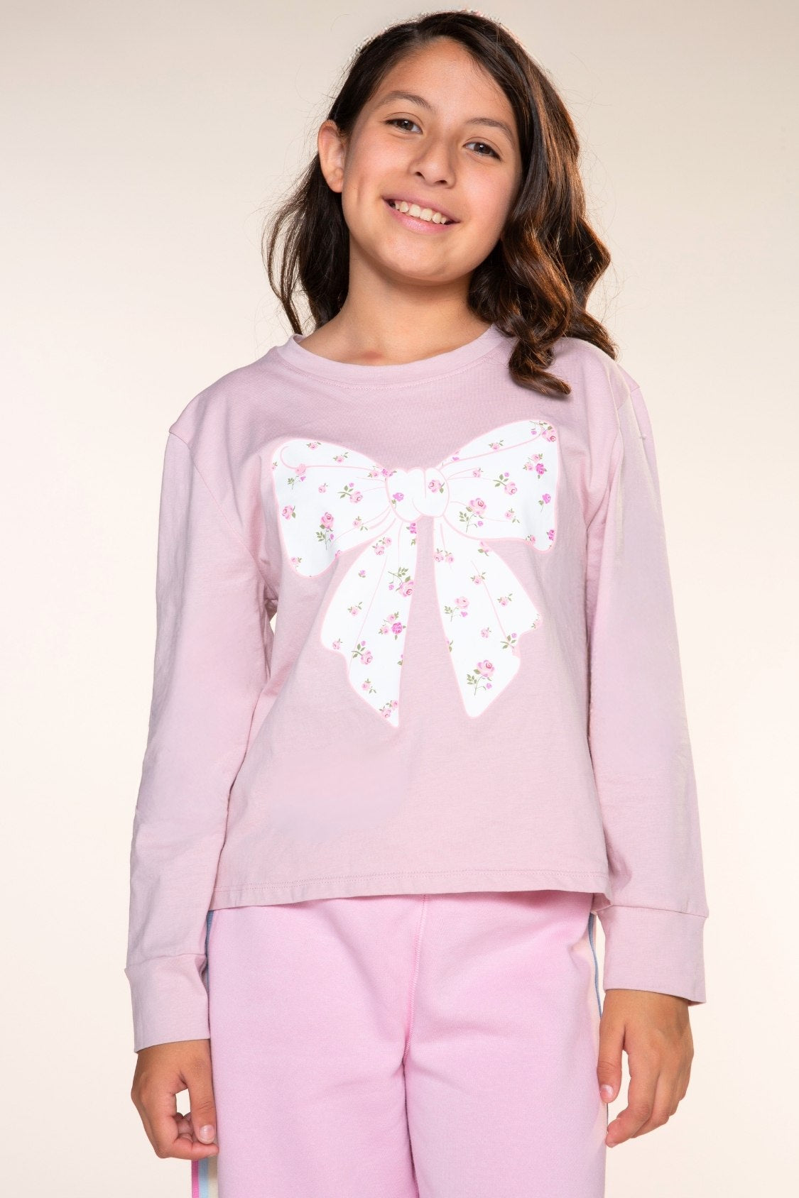 Washed Cotton Long Sleeve Easy Tee - Mauve Ivory Floral Bow - NEW!