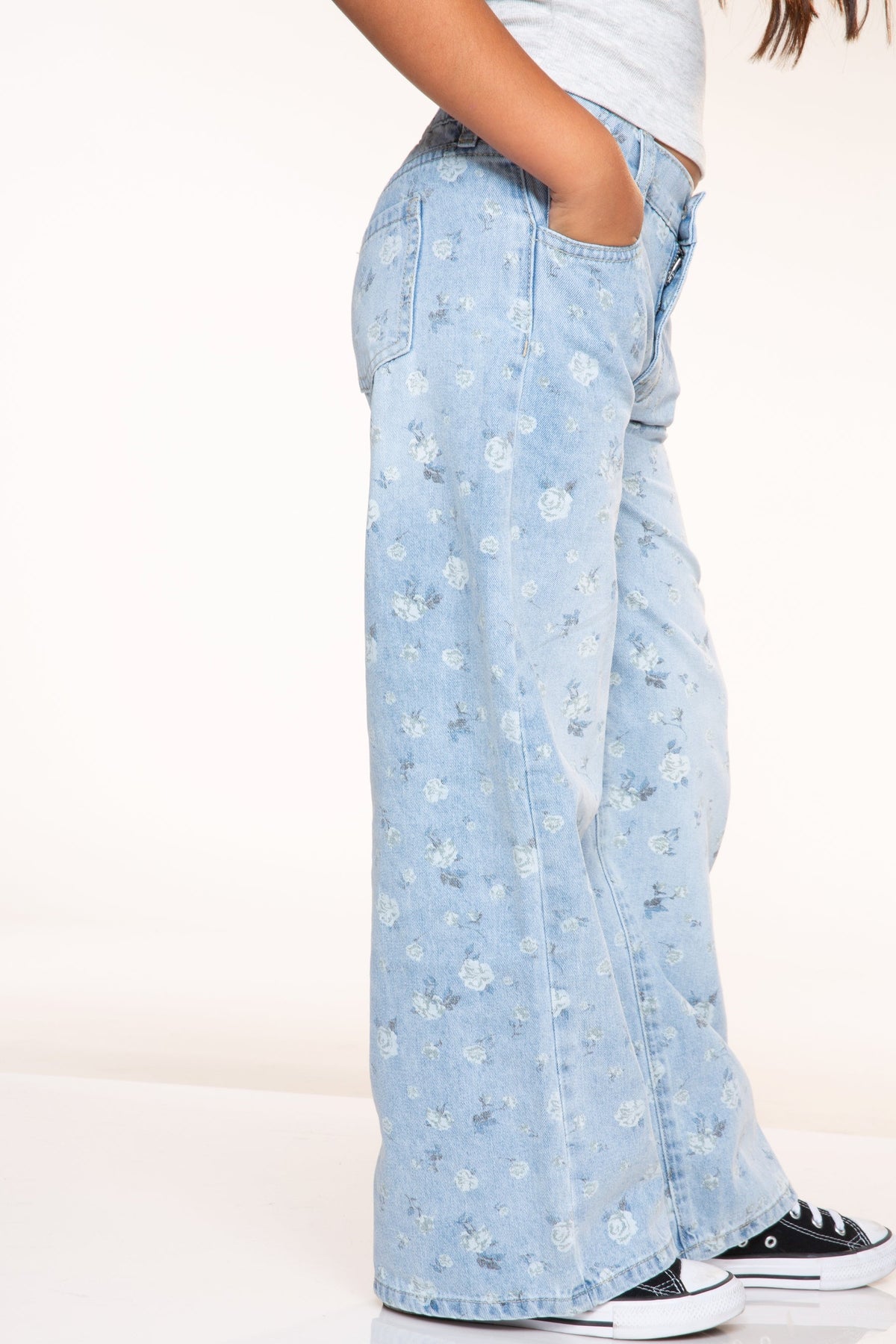 Relaxed Wide Leg Jeans - Medium Blue Wash Pink Floral - NEW!