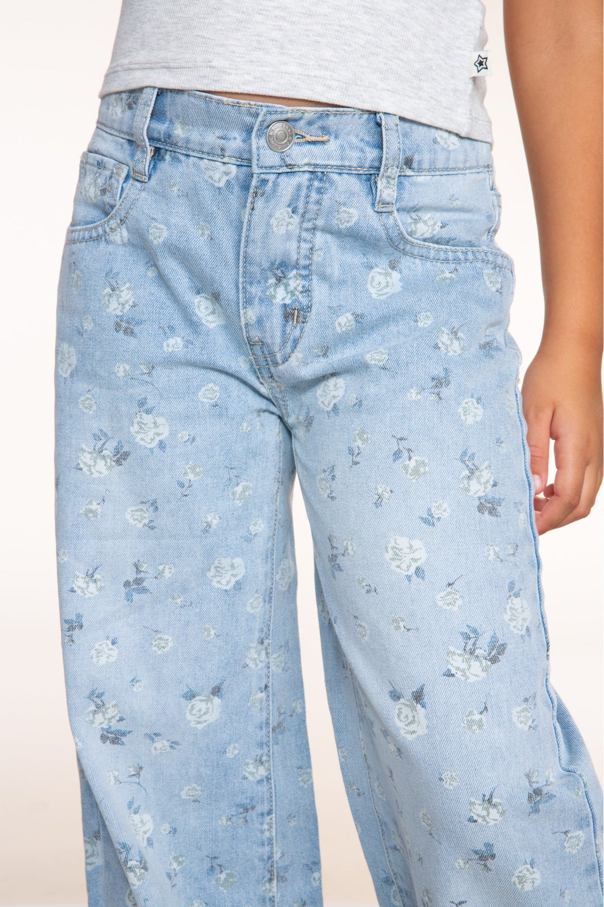 Relaxed Wide Leg Jeans - Medium Blue Wash Pink Floral - NEW!