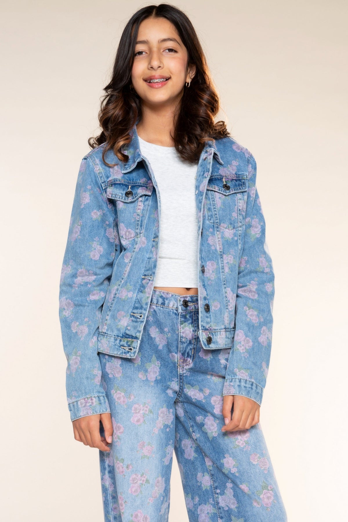 Relaxed Wide Leg Jeans - Medium Blue Wash Pink Floral - NEW!