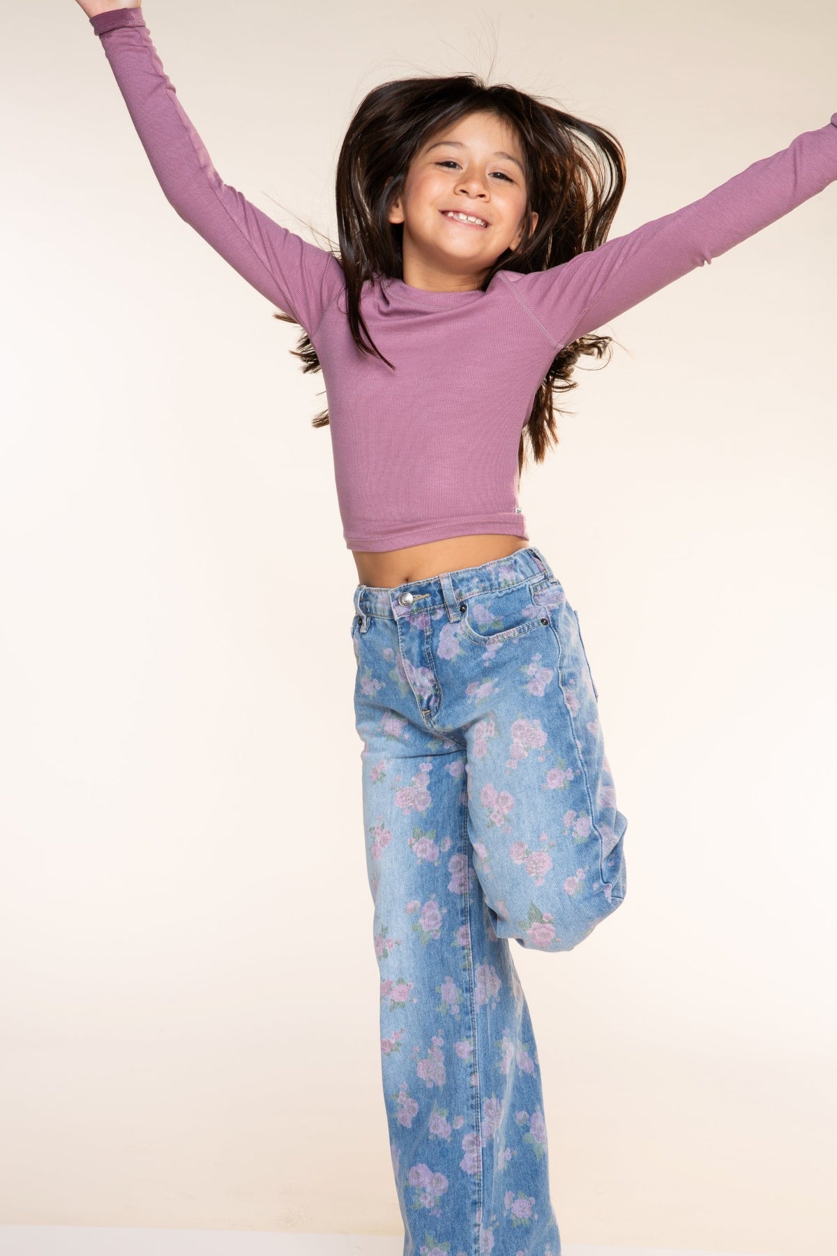 Relaxed Wide Leg Jeans - Medium Blue Wash Pink Floral - NEW!