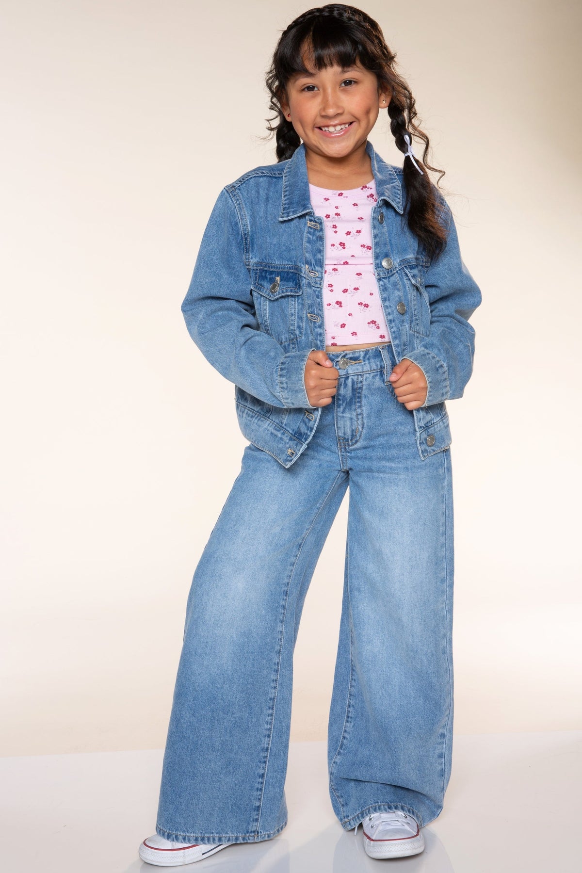 Relaxed Wide Leg Jeans - Medium Blue Wash Pink Floral - NEW!