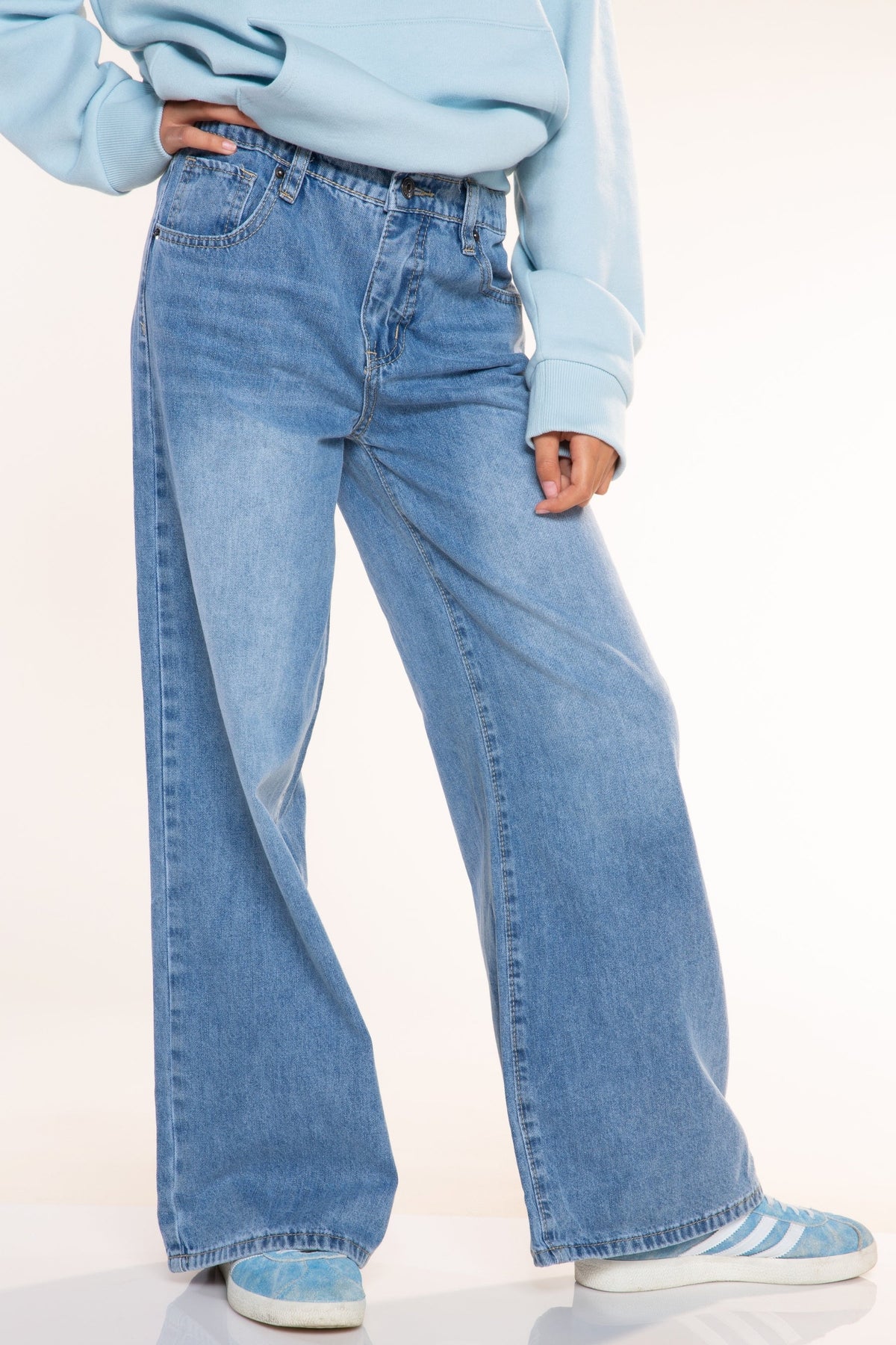 Relaxed Wide Leg Jeans - Medium Blue Wash Pink Floral - NEW!