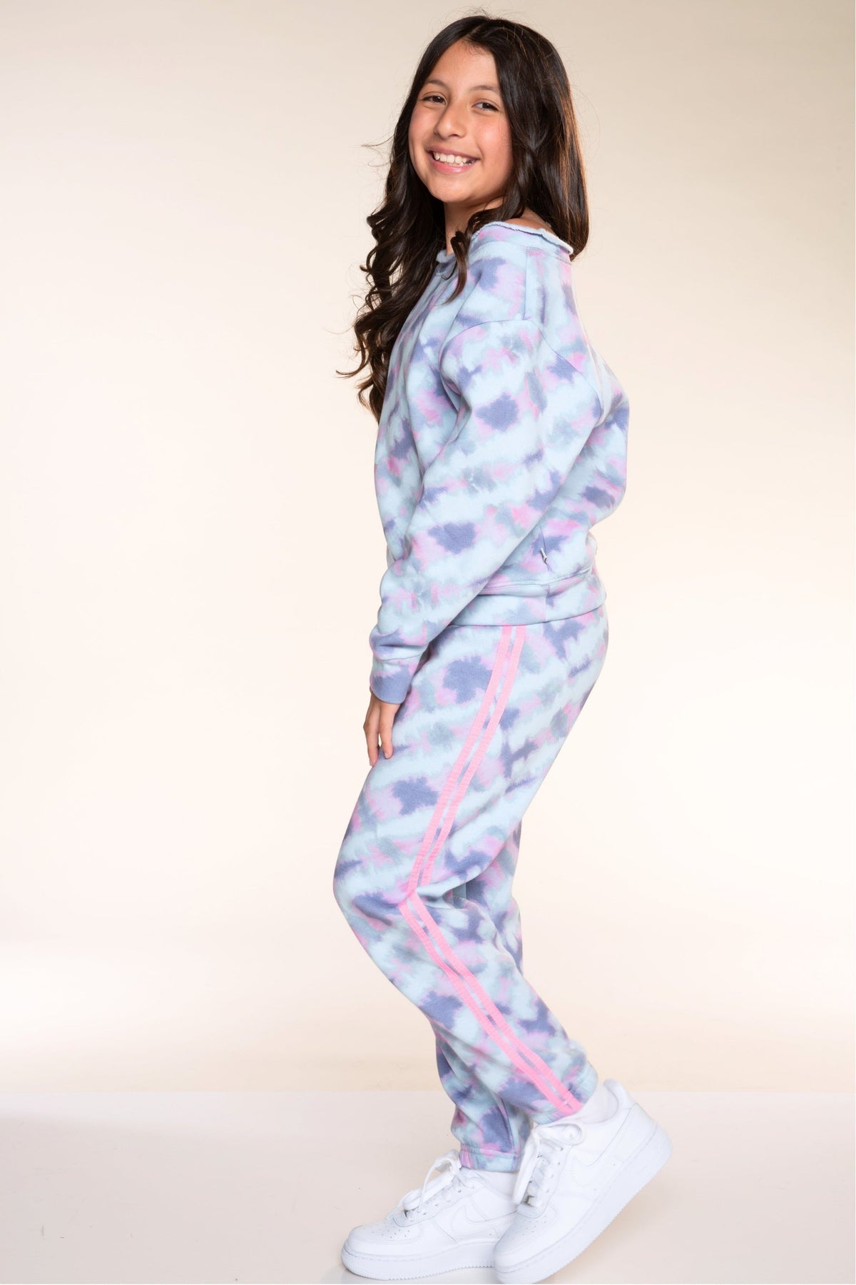 3 Pack Off The Shoulder Sweatshirt With Sweatpant & Fitted tee - Ice Blue Pink Denim Tie Dye | Ice Blue Tie Dye Bow | Ice Blue Pink Denim Tie Dye - NEW!