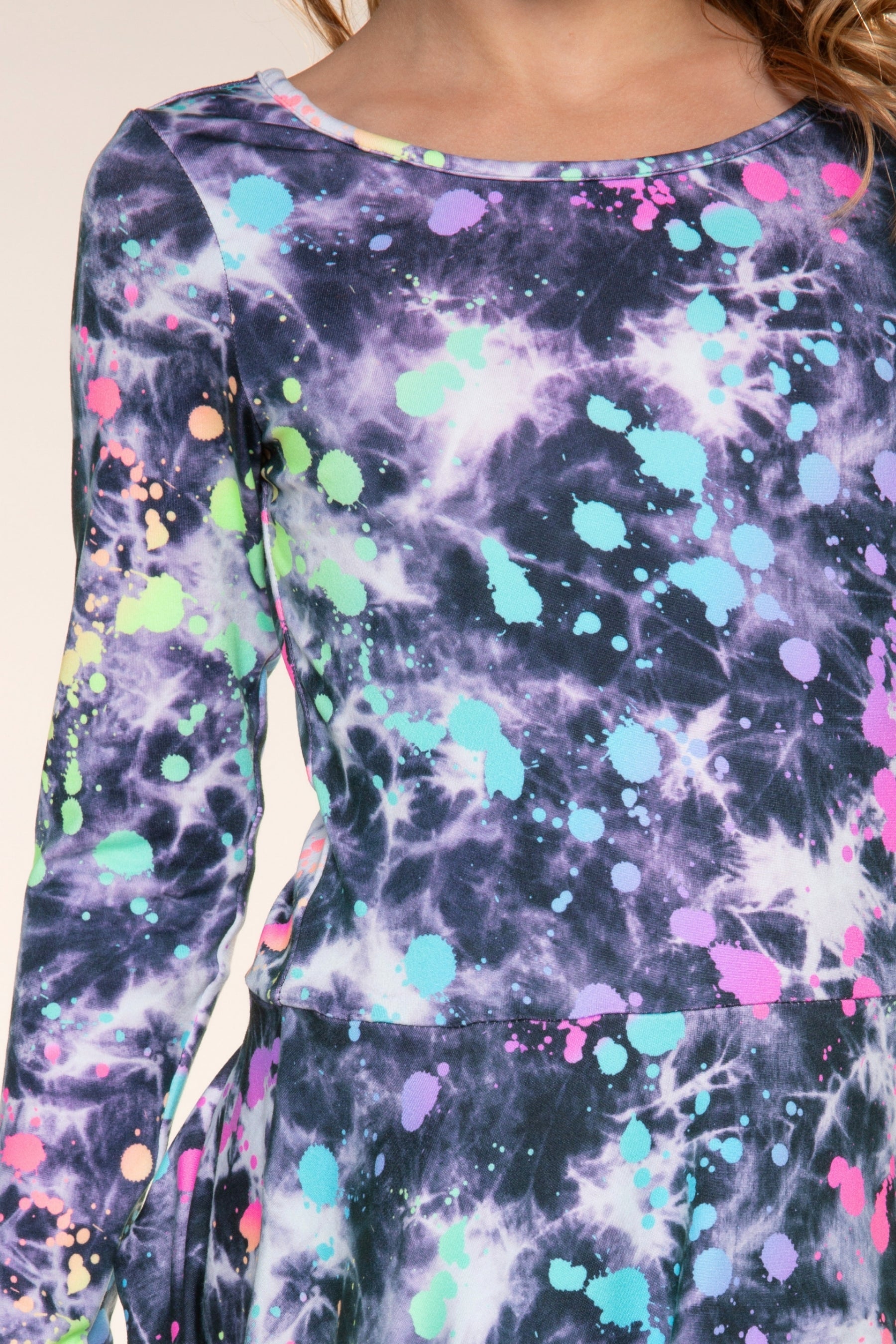 Simply Soft Long Sleeve Skater Dress - Black Tie Dye Rainbow Splatter - NEW!