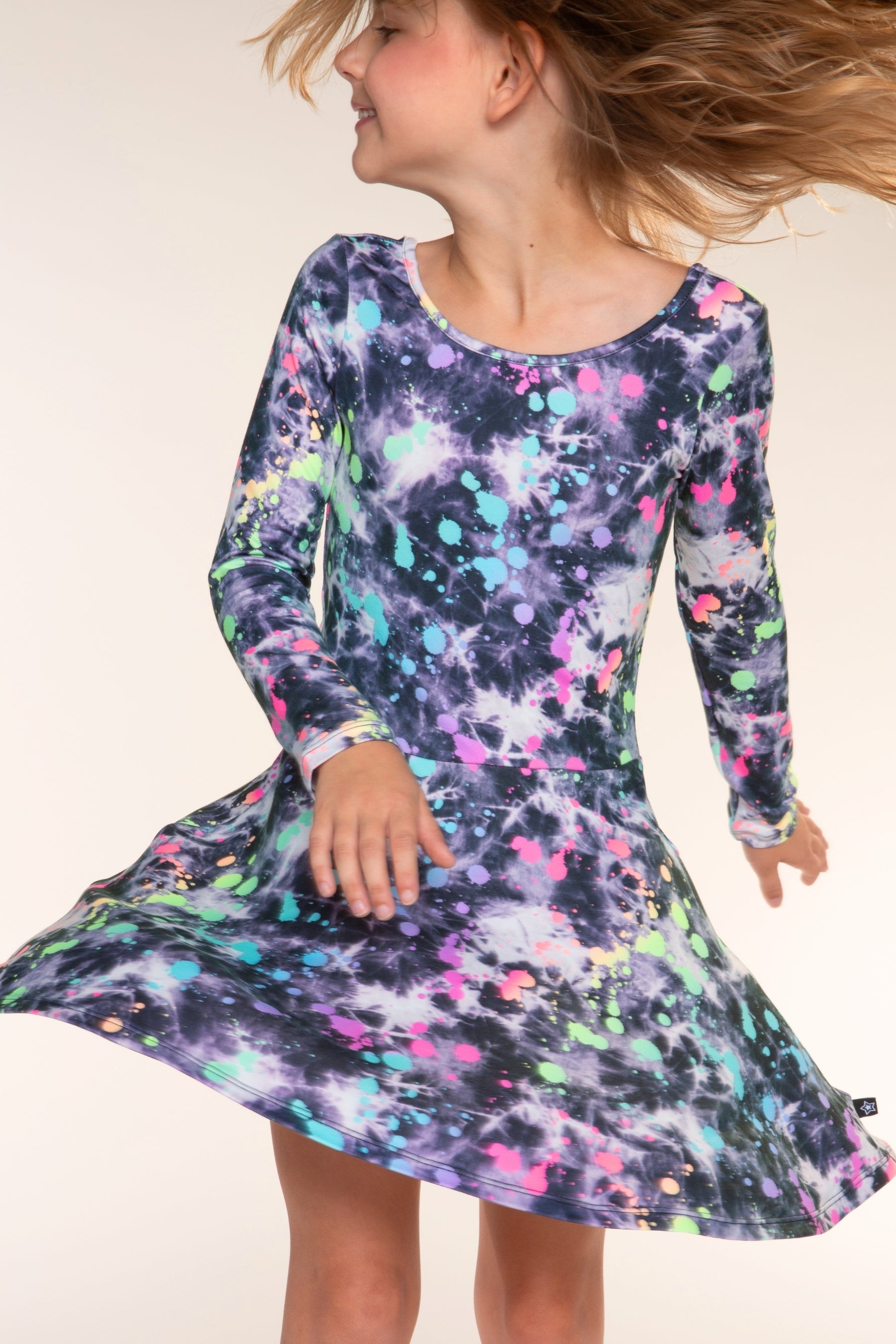 Simply Soft Long Sleeve Skater Dress - Black Tie Dye Rainbow Splatter - NEW!