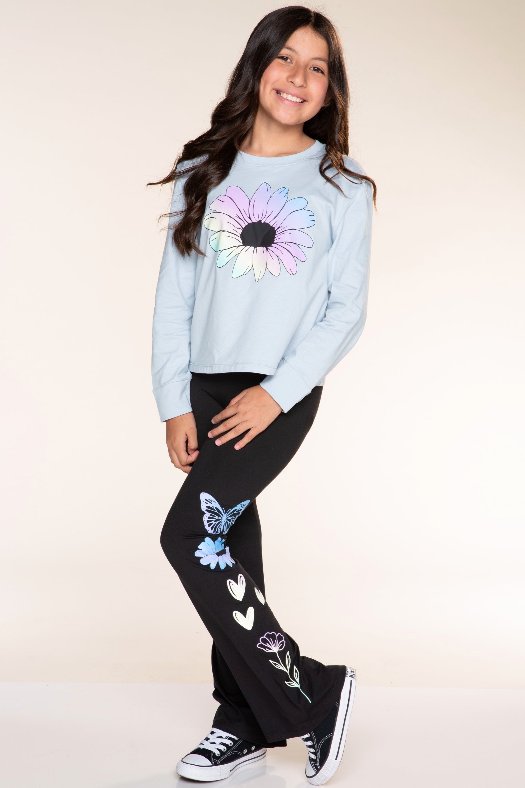 Washed Cotton Long Sleeve Easy Tee - Cloud Denim Ombre Floral - NEW!