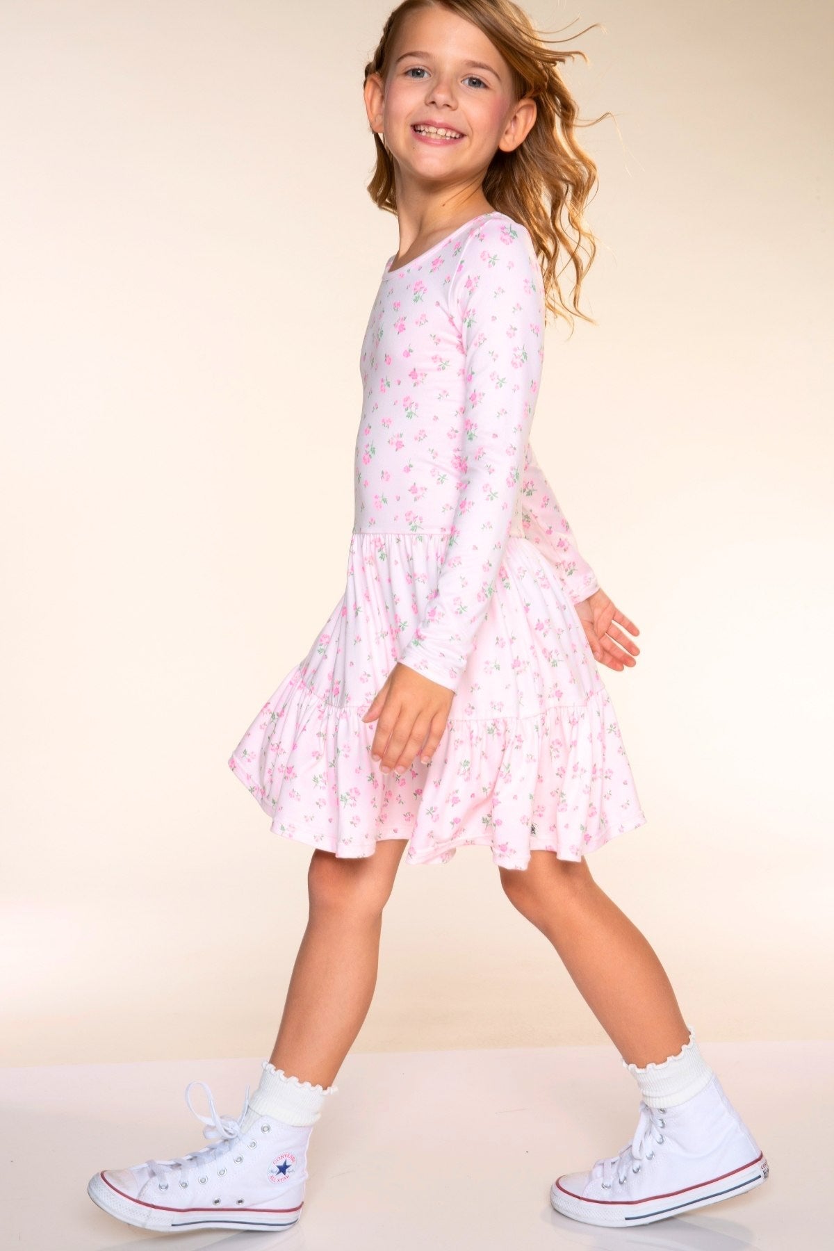 Simply Soft Long Sleeve Tiered Dress - Pink Ditsy Floral - NEW!