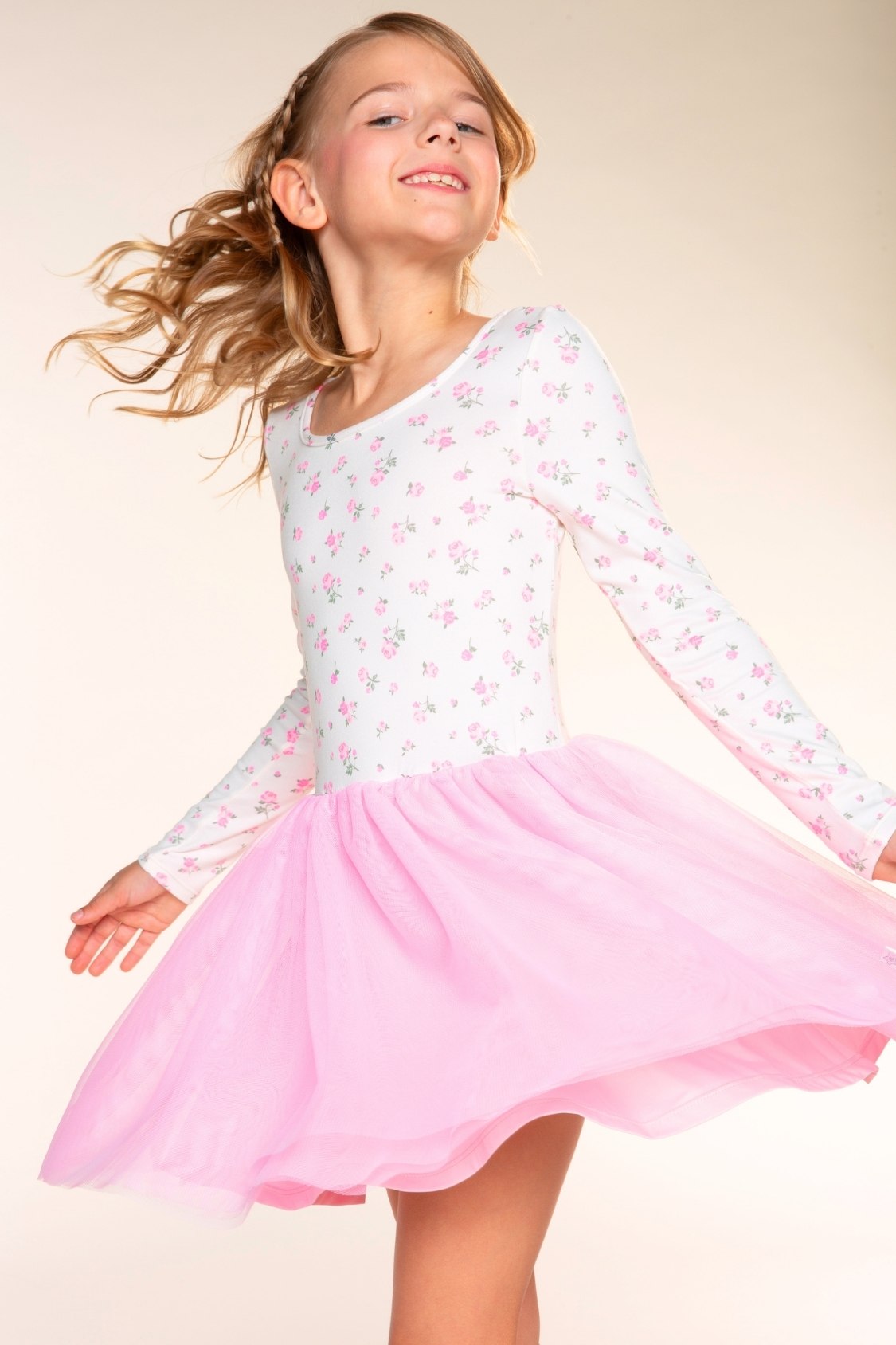 Simply Soft Long Sleeve Scoop Back Tulle Be Happy Dress - Ivory Ditsy Pink Floral - NEW!
