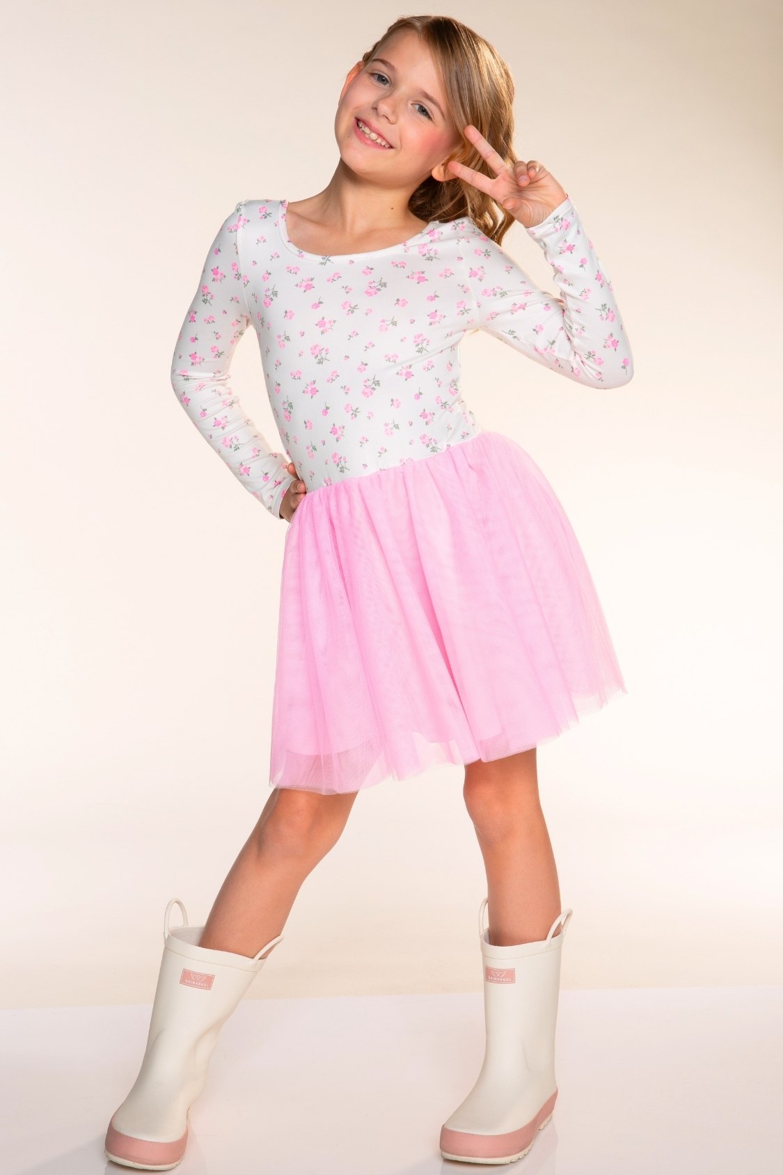 Simply Soft Long Sleeve Scoop Back Tulle Be Happy Dress - Ivory Ditsy Pink Floral - NEW!