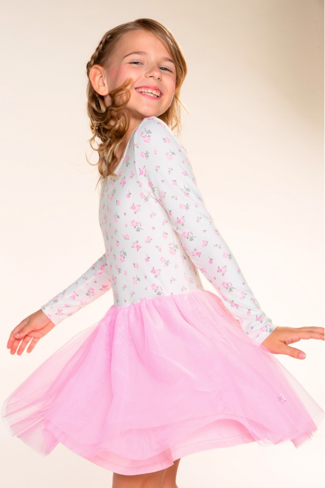 Simply Soft Long Sleeve Scoop Back Tulle Be Happy Dress - Ivory Ditsy Pink Floral - NEW!
