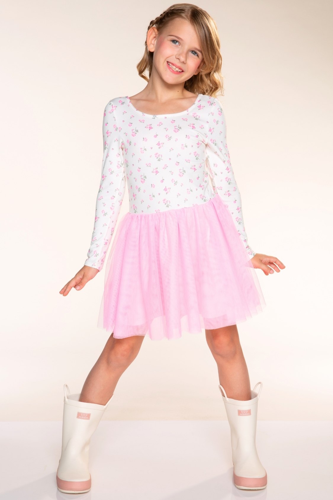 Simply Soft Long Sleeve Scoop Back Tulle Be Happy Dress - Ivory Ditsy Pink Floral - NEW!