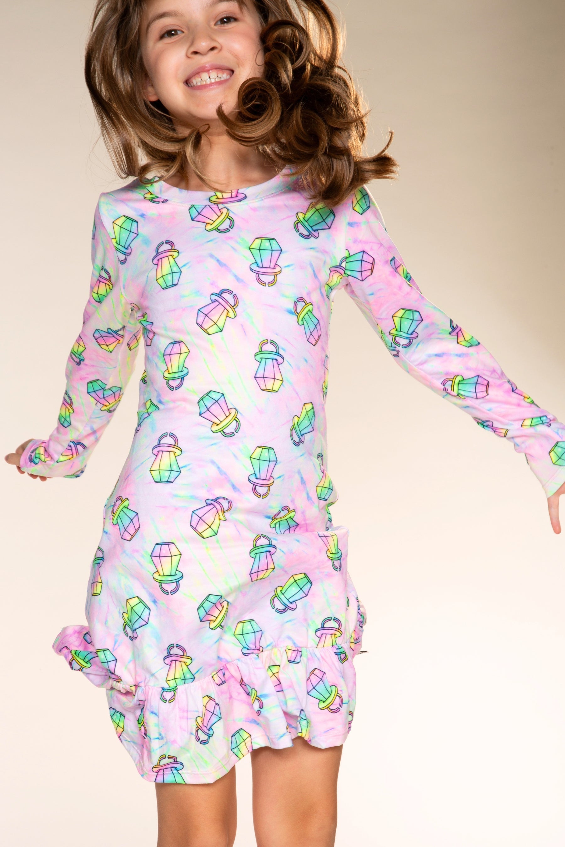 Simply Soft Long Sleeve Ruffle Lounge Dress - Rainbow Tie Dye Ring Pop - NEW!
