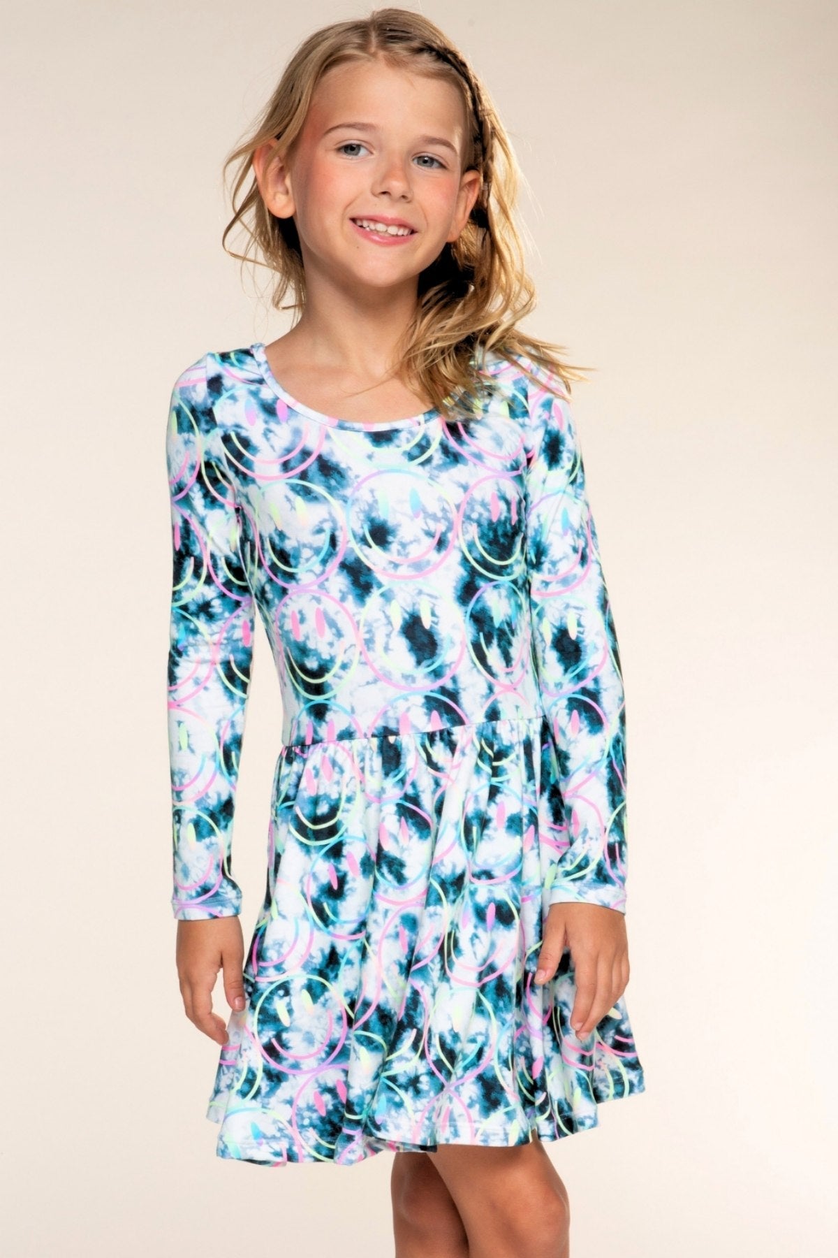Simply Soft Long Sleeve Scoop Back Be Happy Dress - Black Ivory Tie Dye Rainbow Smile - NEW!