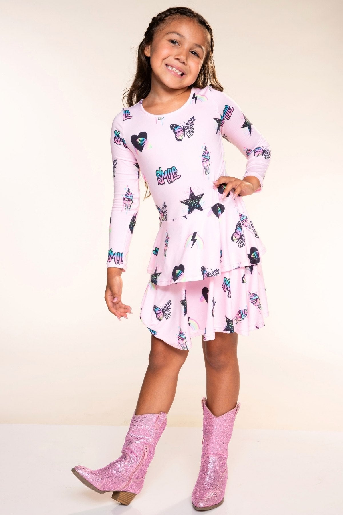 Simply Soft Long Sleeve Ruffle Skirt Dress - Light Pink Multi Rainbow Charms - NEW!