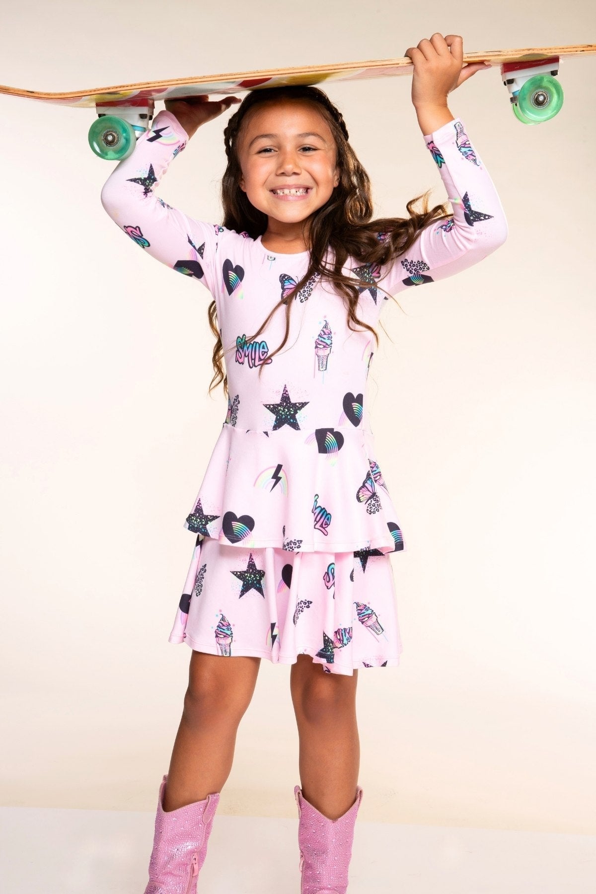 Simply Soft Long Sleeve Ruffle Skirt Dress - Light Pink Multi Rainbow Charms - NEW!