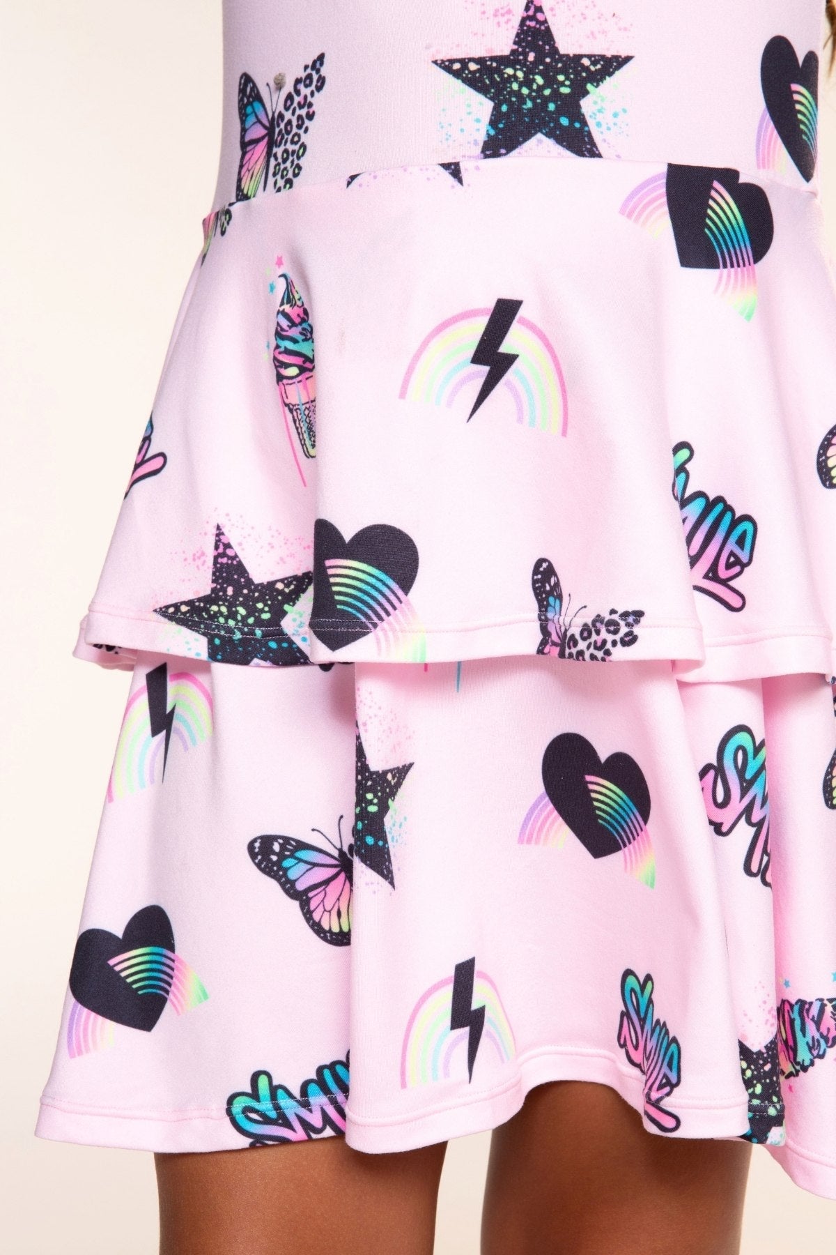 Simply Soft Long Sleeve Ruffle Skirt Dress - Light Pink Multi Rainbow Charms - NEW!