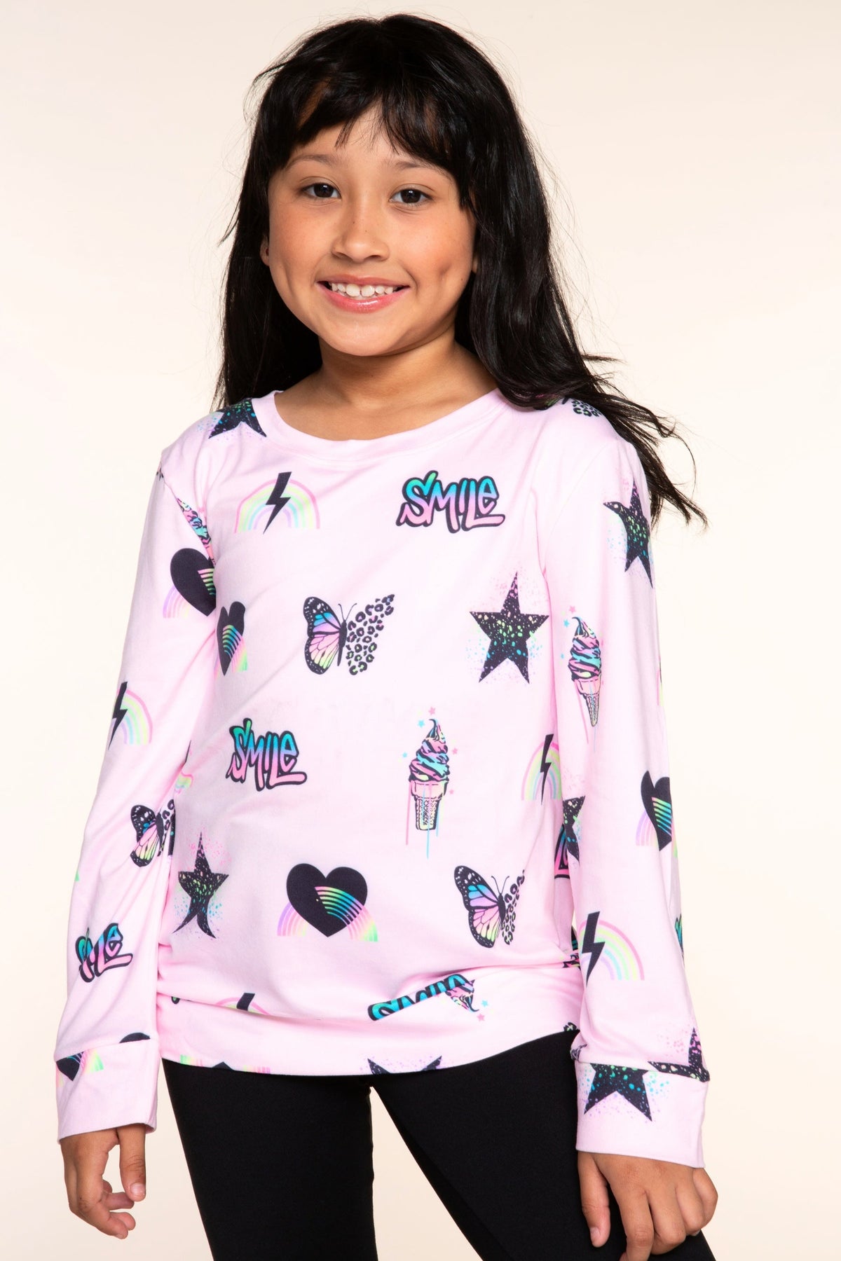 Simply Soft Long Sleeve Crew Top - Black Rainbow Gradient Smile - NEW