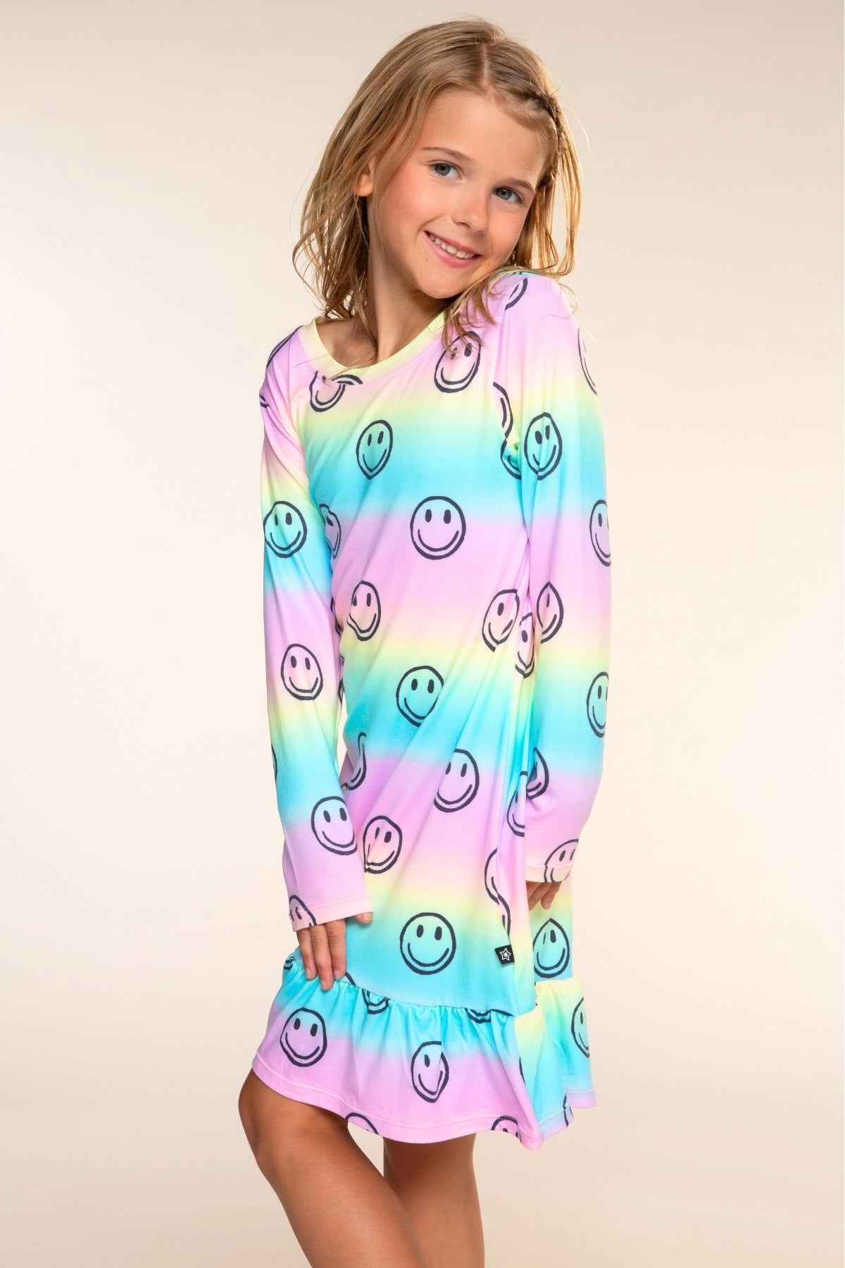Simply Soft Long Sleeve Ruffle Lounge Dress - Rainbow Smile - NEW!