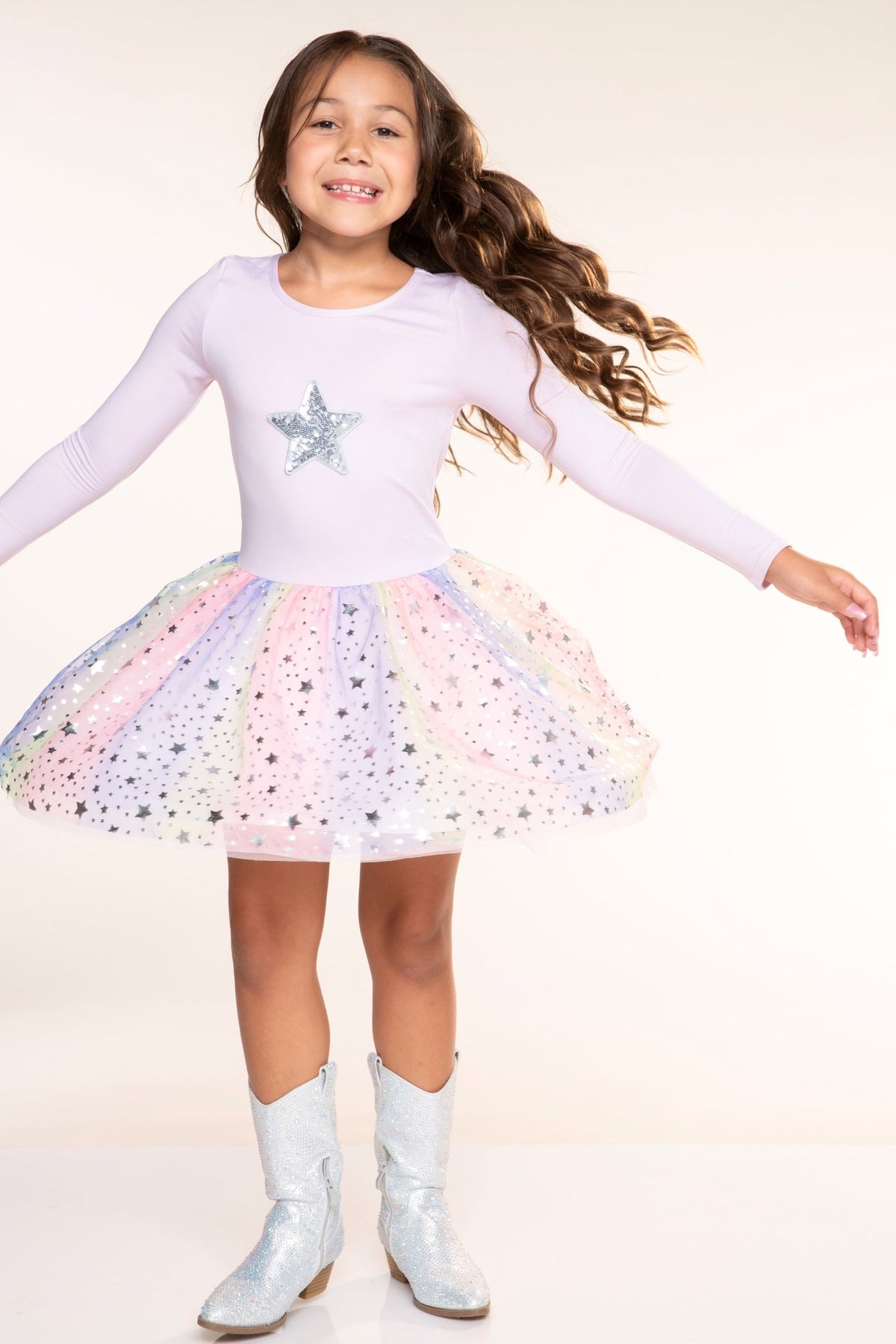 Simply Soft Long Sleeve Ballet Be Happy Tulle Dress - Pink Sequin Silver Star Rainbow Foil - NEW!