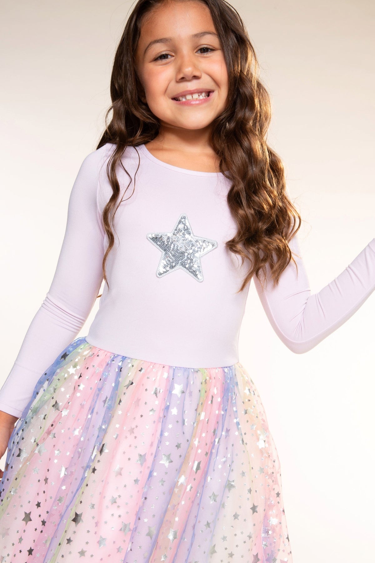 Simply Soft Long Sleeve Ballet Be Happy Tulle Dress - Pink Sequin Silver Star Rainbow Foil - NEW!