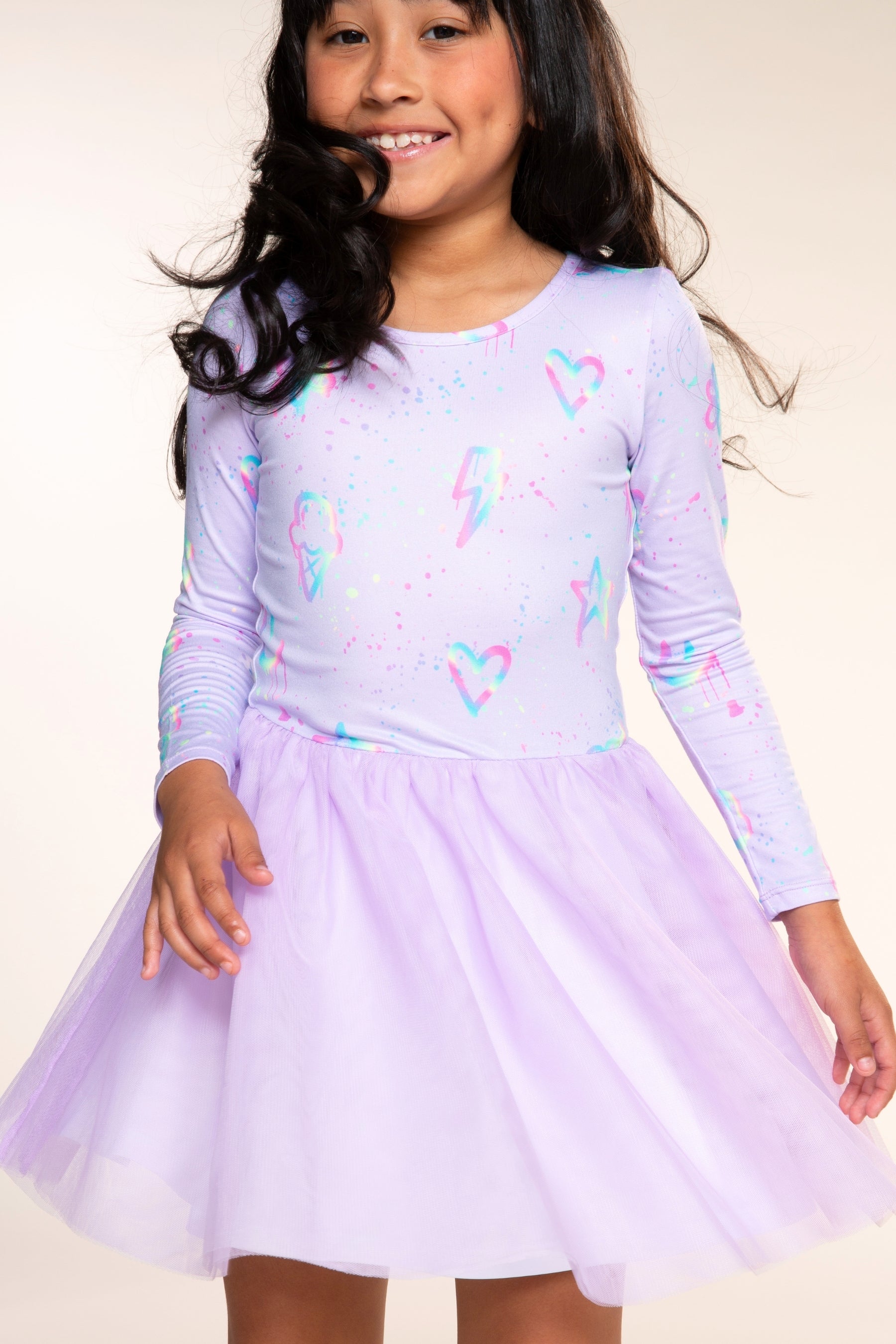 Simply Soft Long Sleeve Ballet Be Happy Tulle Dress - Pink Rainbow Bow - NEW!