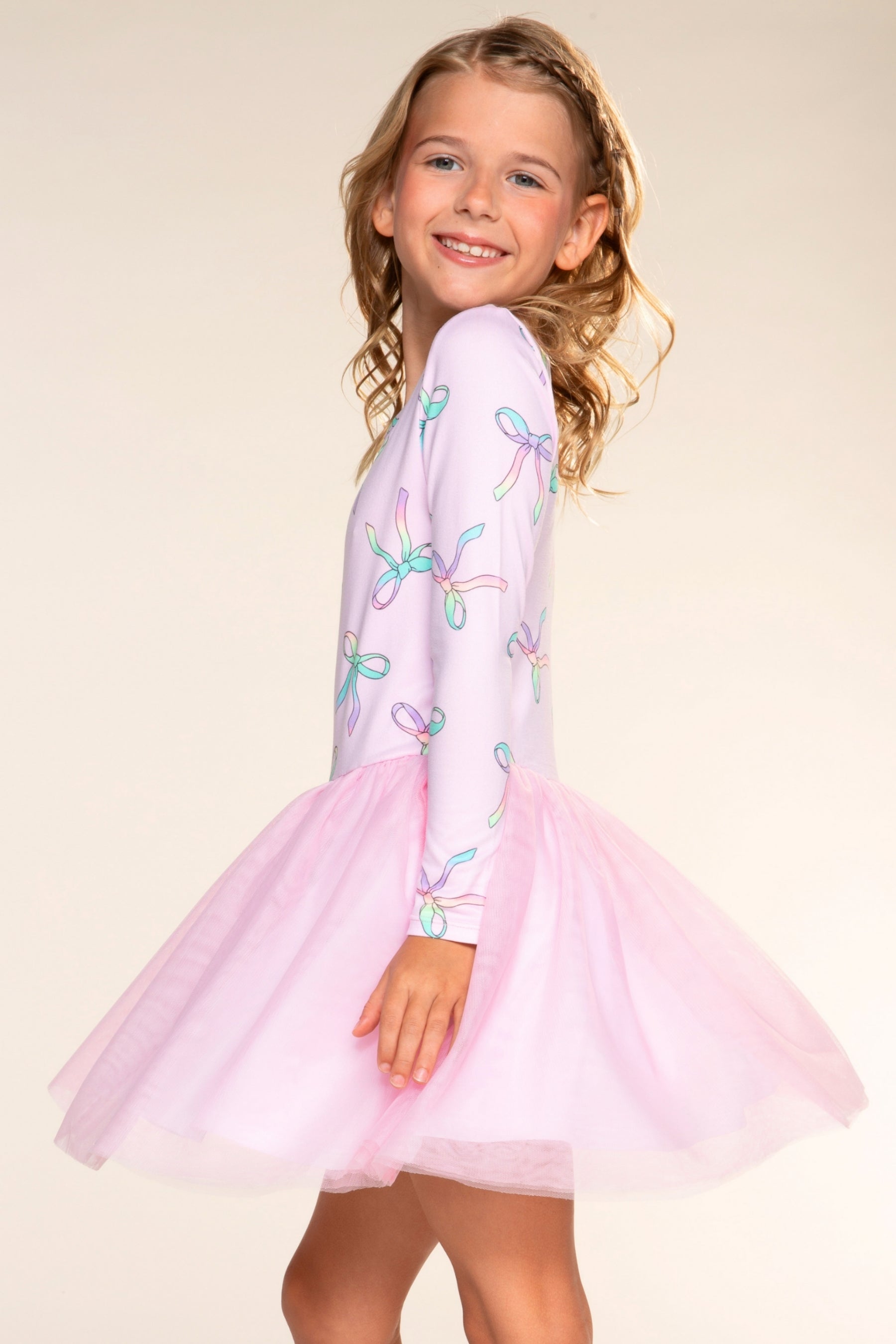 Simply Soft Long Sleeve Ballet Be Happy Tulle Dress - Pink Rainbow Bow - NEW!