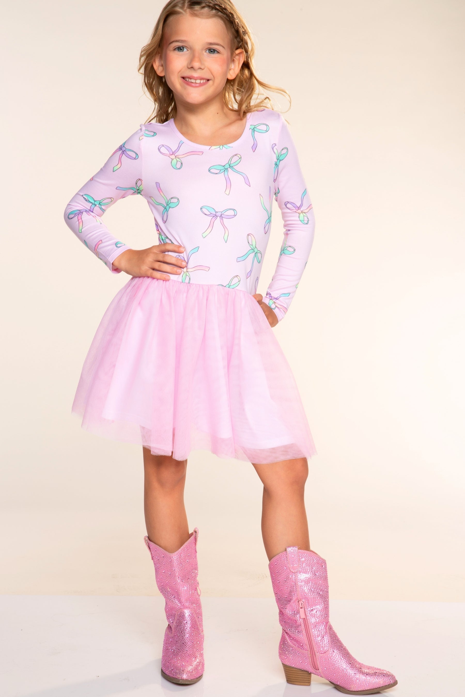 Simply Soft Long Sleeve Ballet Be Happy Tulle Dress - Pink Rainbow Bow - NEW!