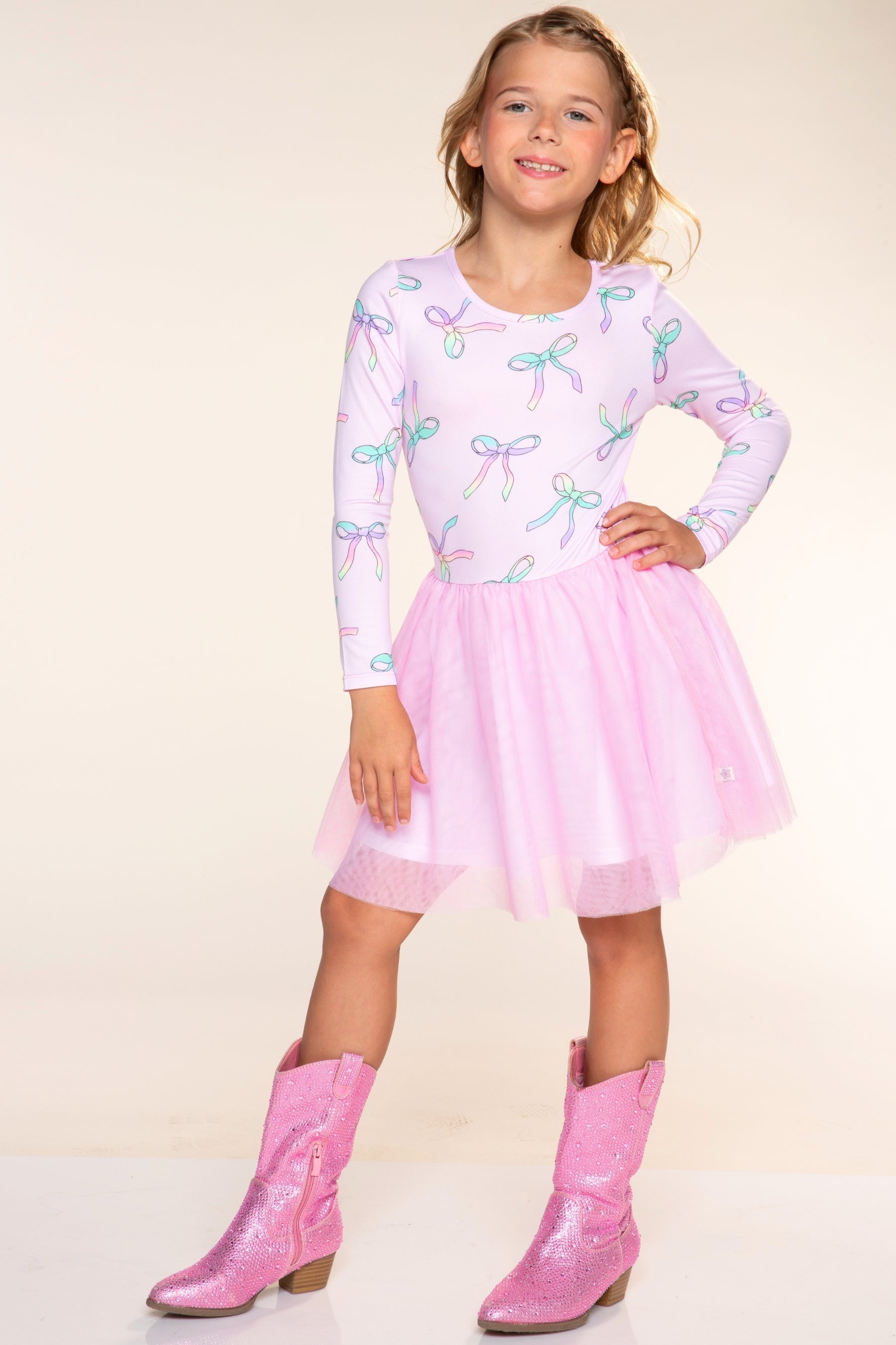 Simply Soft Long Sleeve Ballet Be Happy Tulle Dress - Pink Rainbow Bow - NEW!