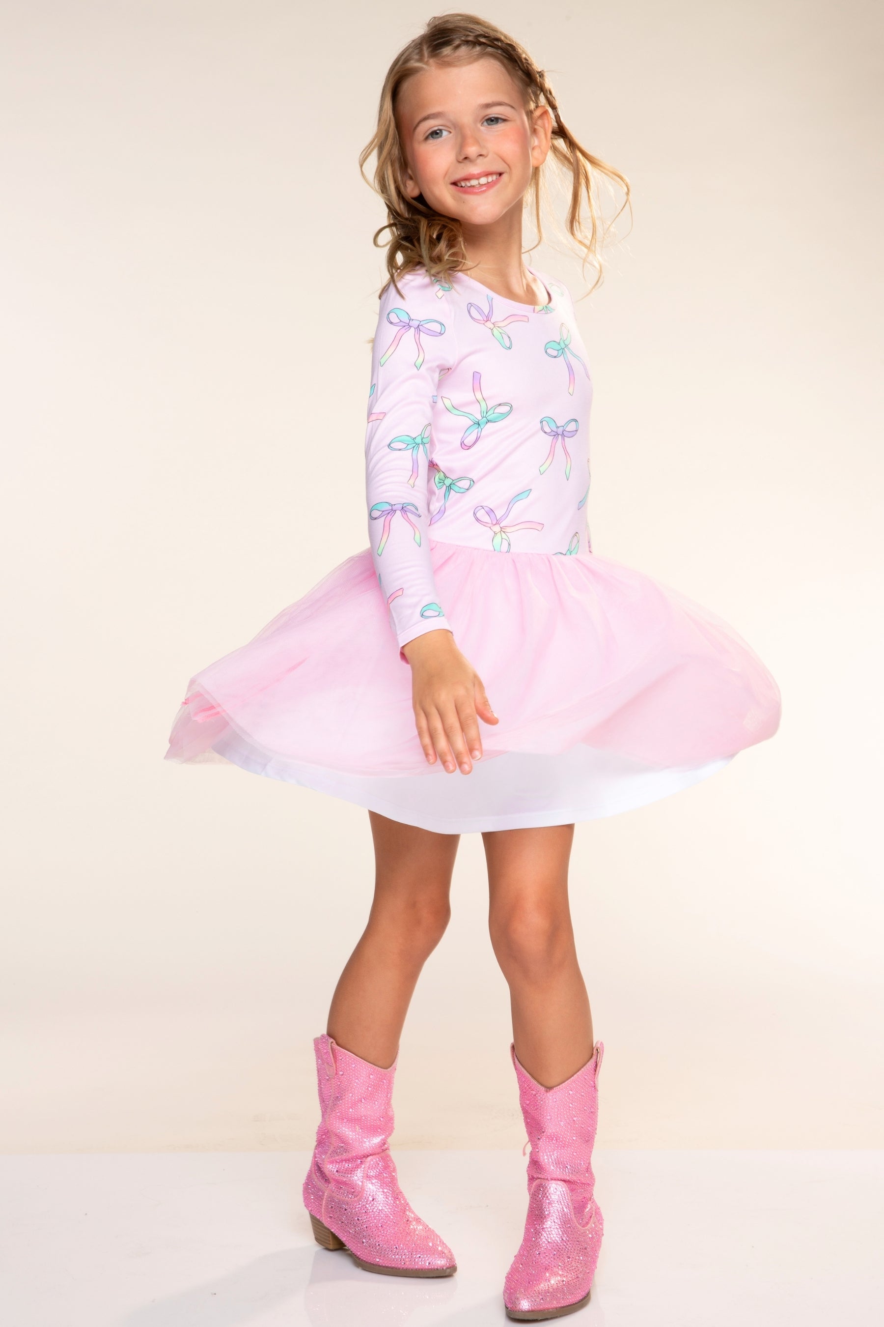 Simply Soft Long Sleeve Ballet Be Happy Tulle Dress - Pink Rainbow Bow - NEW!