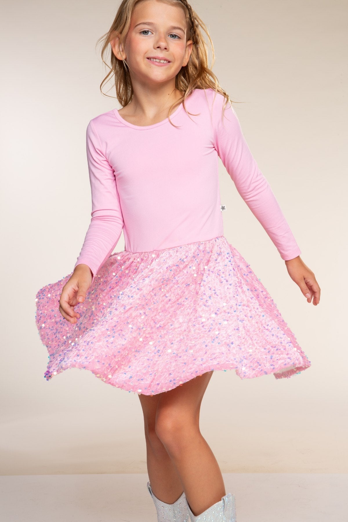 Simply Soft Long Sleeve Sequin Be Happy Dress - Hot Pink Black Sequin - NEW!