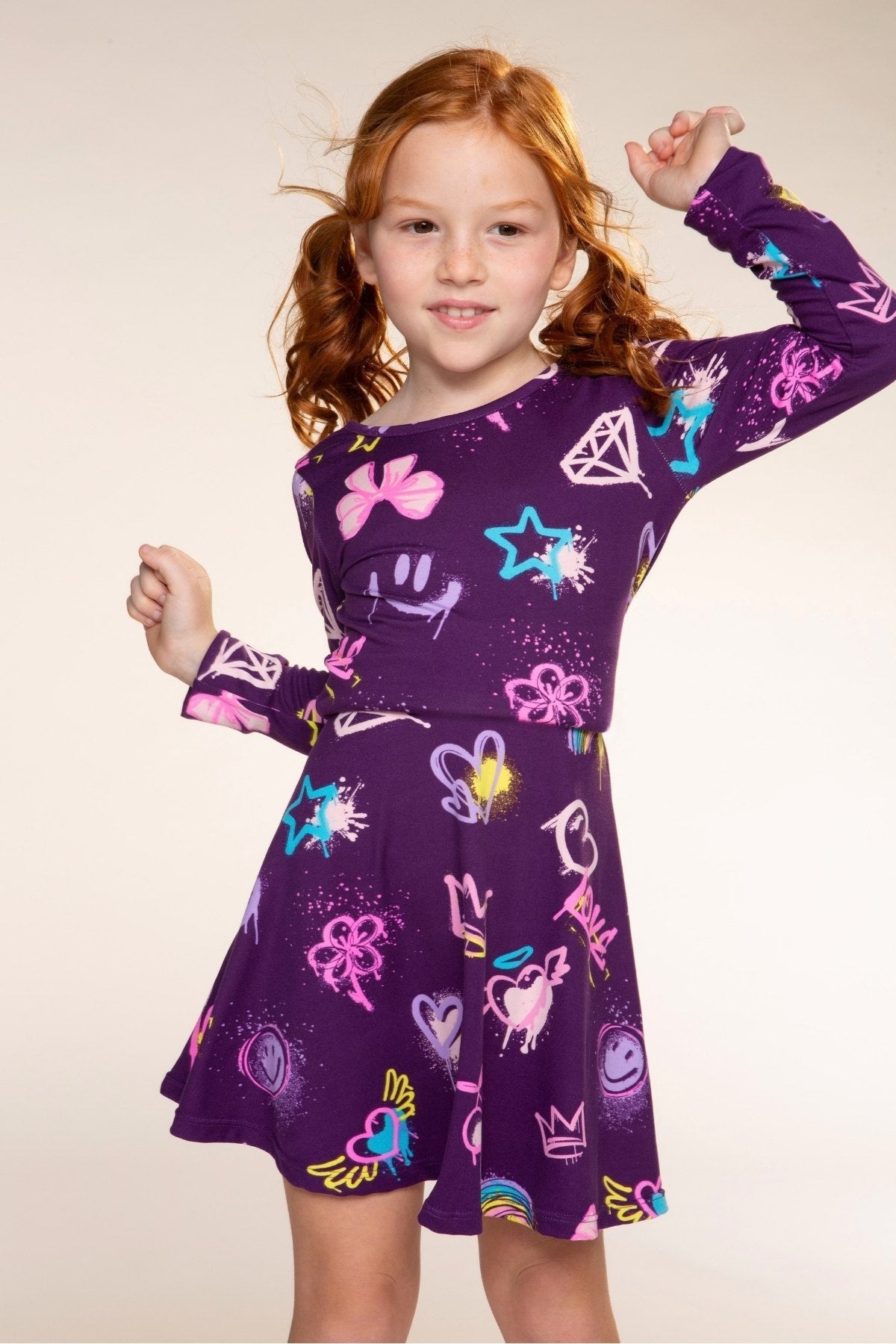 Simply Soft Long Sleeve Skater Dress - Dk Purple Rainbow Graffiti - NEW!