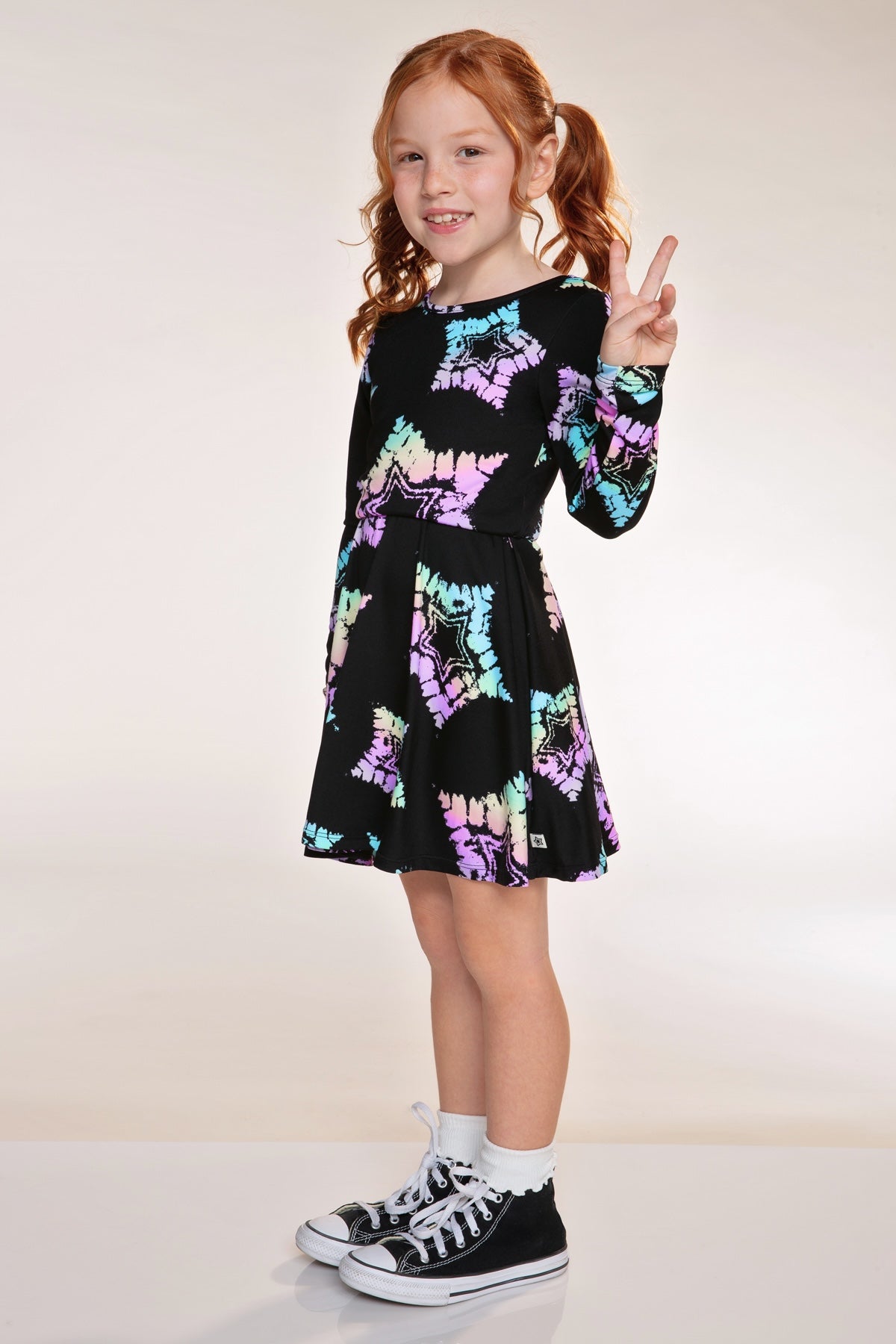 Simply Soft Long Sleeve Skater Dress - Black Rainbow Tie Dye Star - NEW!
