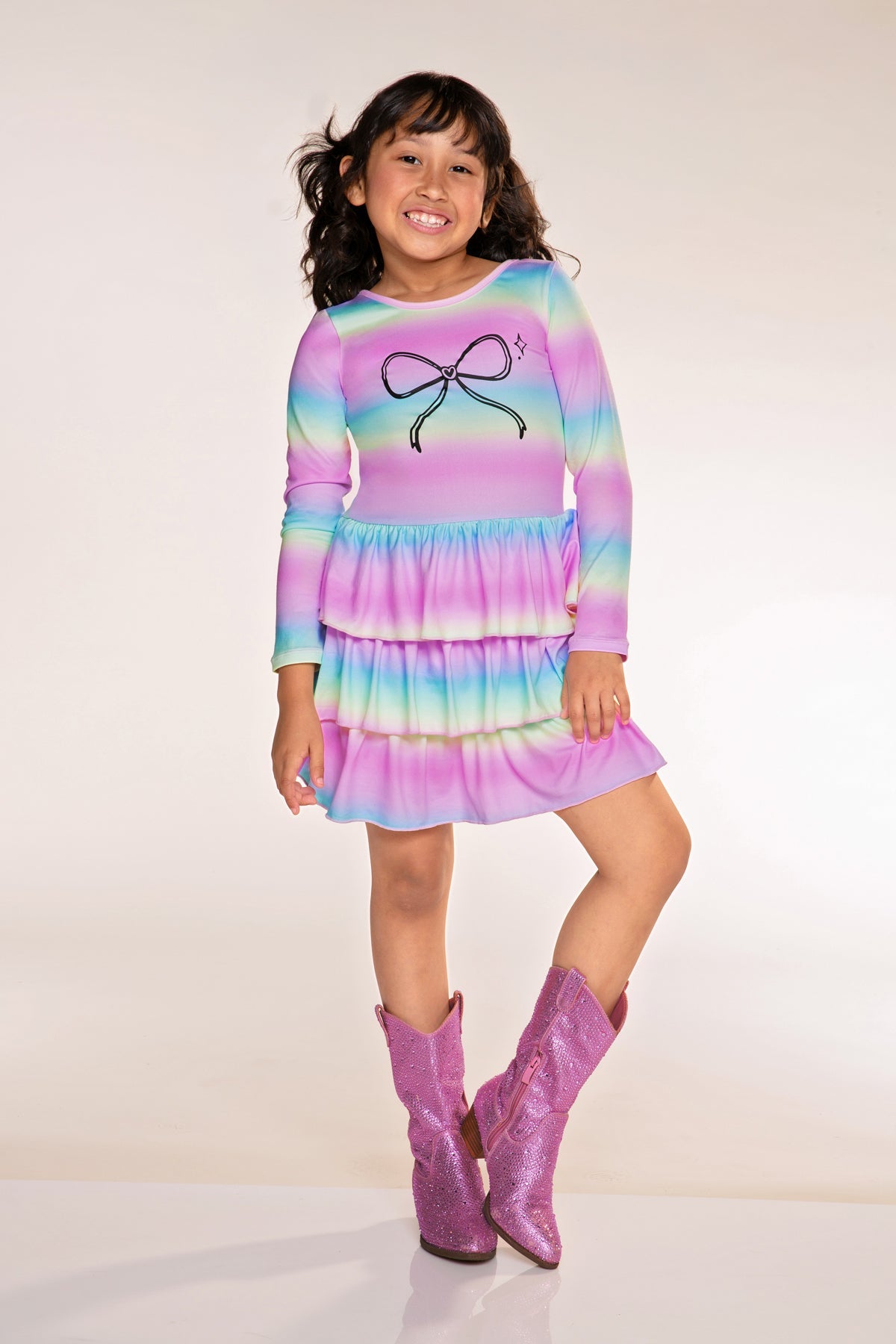 Simply Soft Long Sleeve Triple Ruffle Skirt Dress - Denim Rainbow Splatter - NEW!