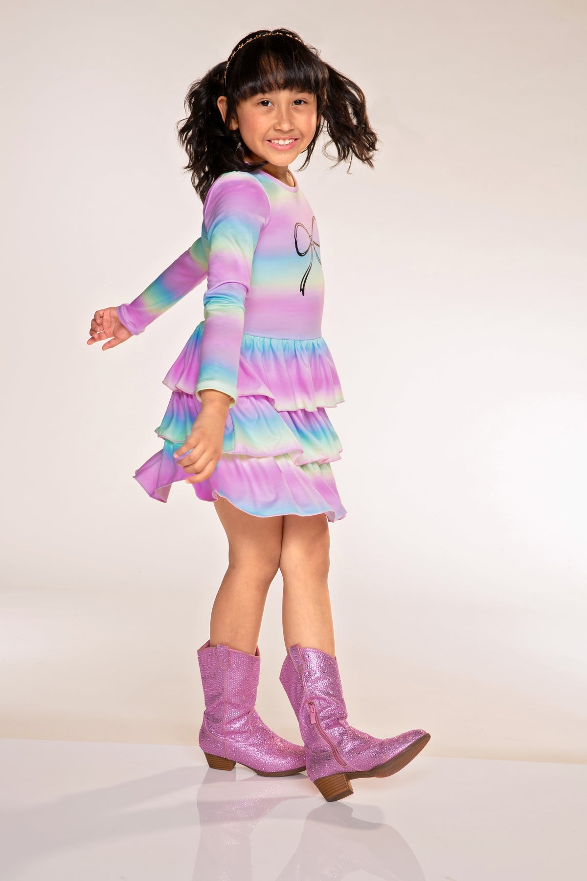 Simply Soft Long Sleeve Triple Ruffle Skirt Dress - Denim Rainbow Splatter - NEW!