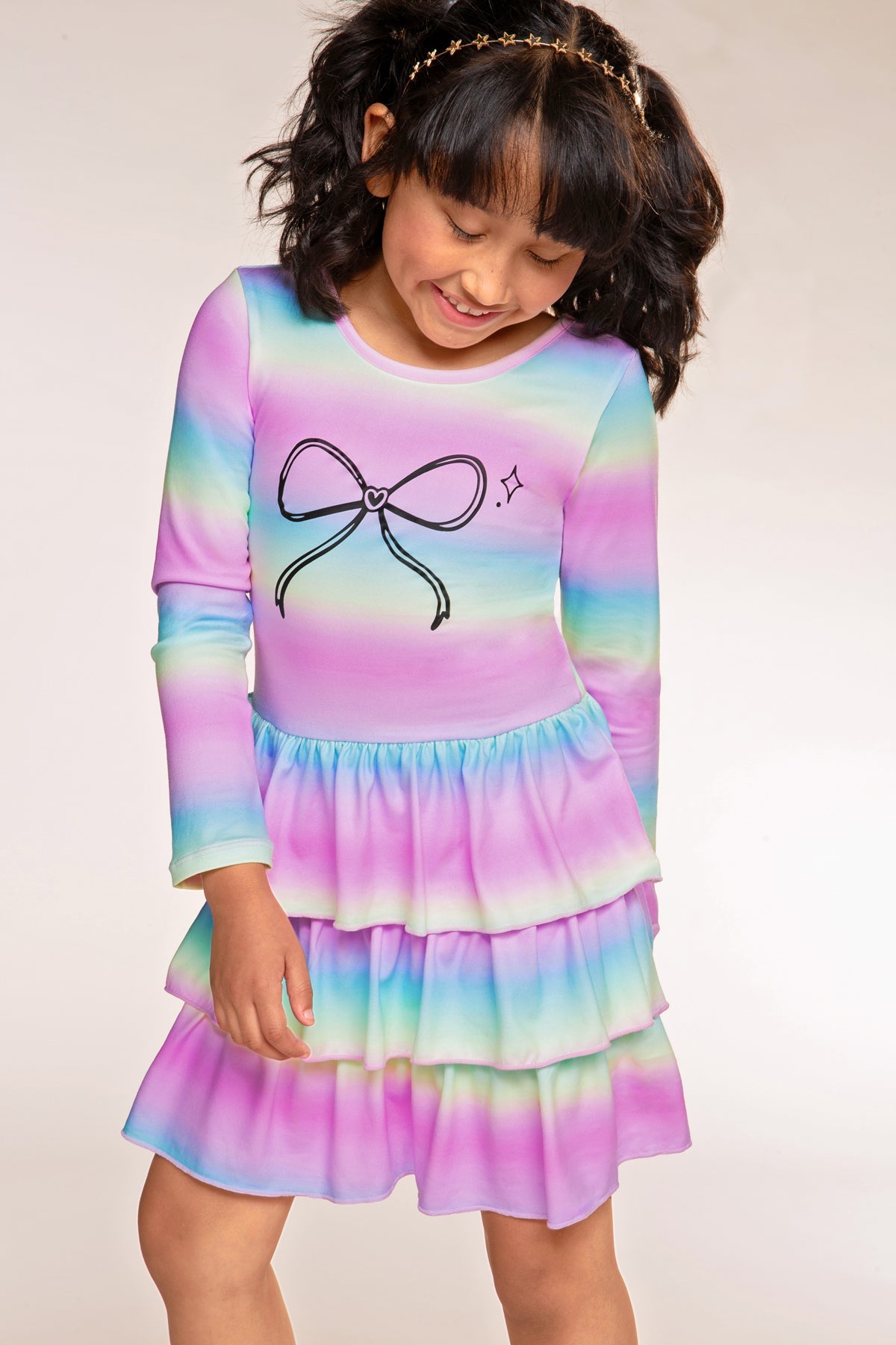 Simply Soft Long Sleeve Triple Ruffle Skirt Dress - Denim Rainbow Splatter - NEW!